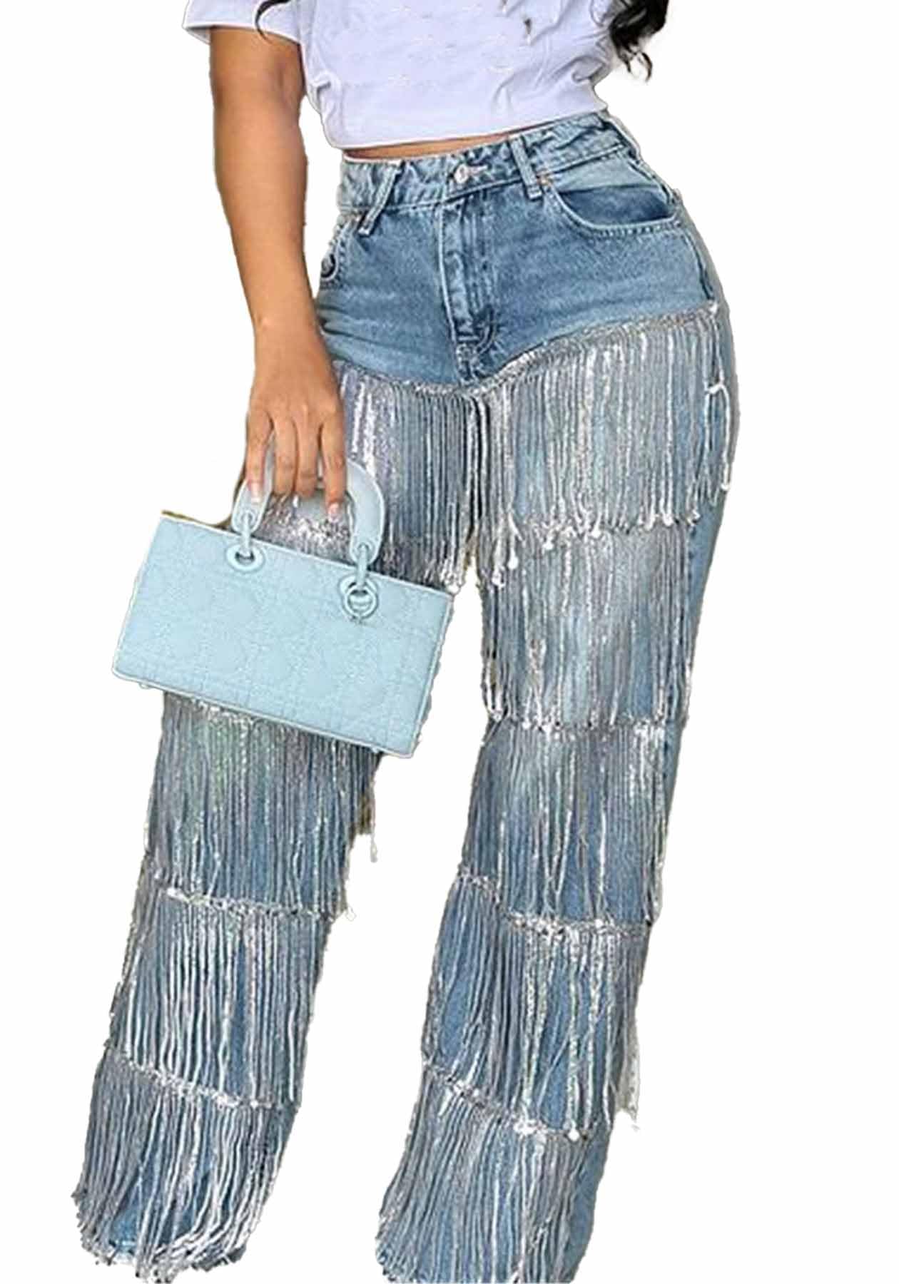 Women's High Waisted Sequin Fringe Jeans Baggy Straight Leg Sparkly Tassels Denim Pants Y2K Streetwear