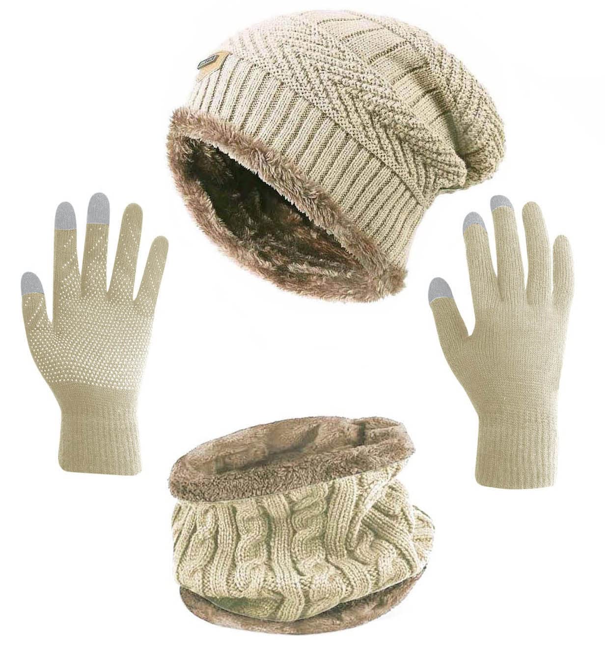 Winter hat, scarf, gloves, casual brimless hat, snow knitted skull cap, touch screen fingerless gloves, round scarf, women's style