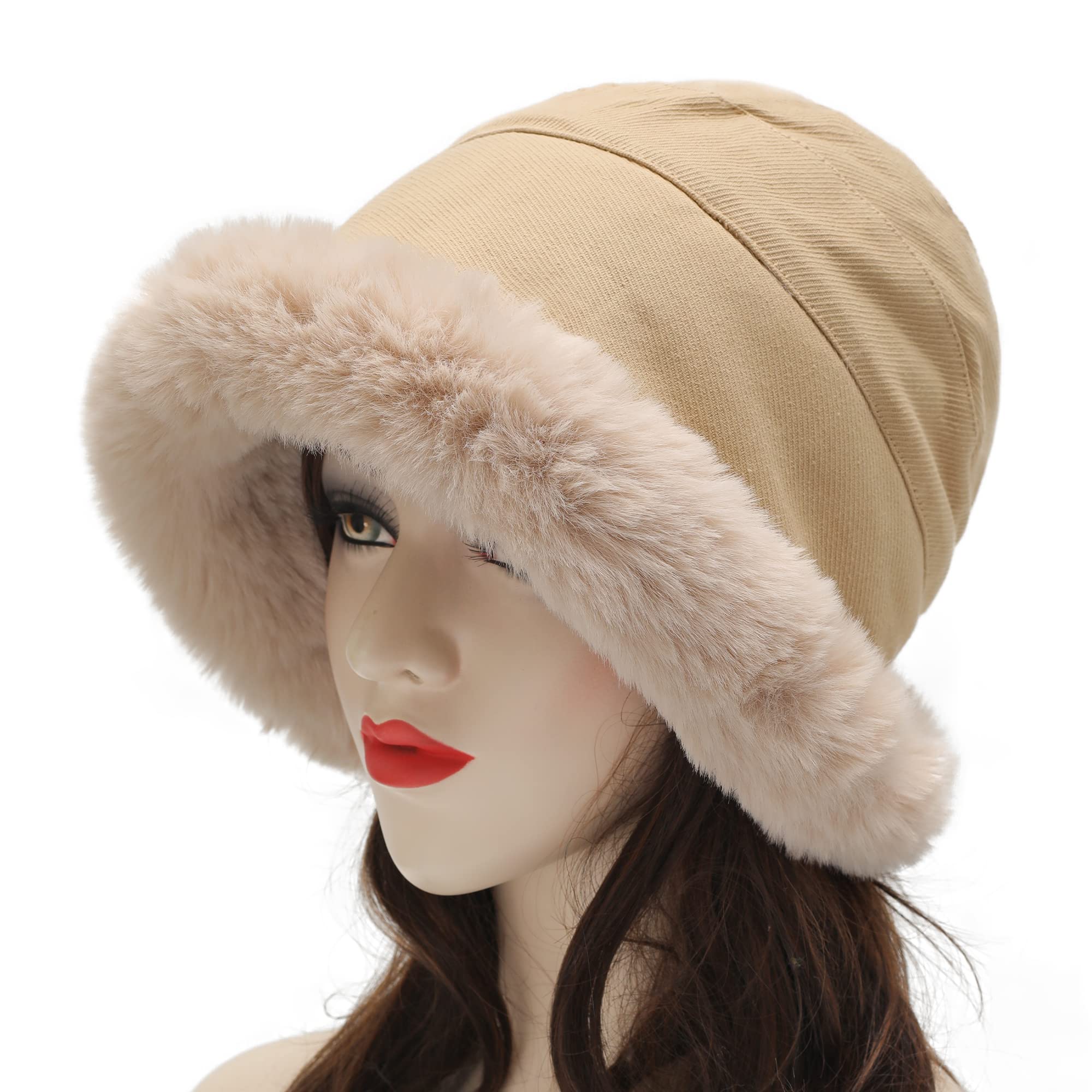 Women's winter plush fisherman hat with rolled brim and artificial fur brim shape, with wool lining