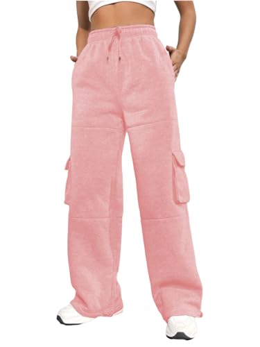 Lined Wide Leg Jogging Bottoms, Women's Thermal Elasticated Drawstring Cargo Pockets, Warm Fleece Jogger Trousers, Sweatpants, Women's Sports Trousers, Casual Sweatpants