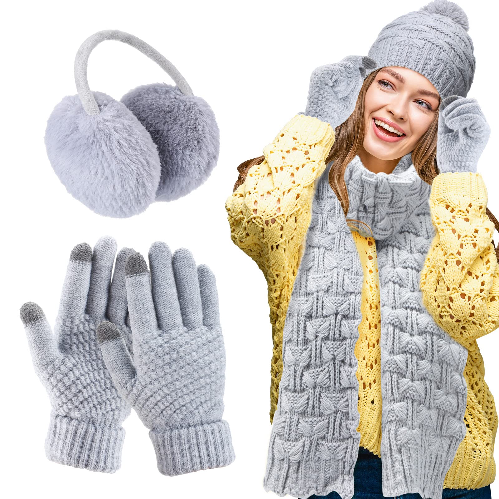 Women's winter hat, scarf and gloves set, including earmuffs, cold weather scarf, hat, knitted without brim, scarf and gloves