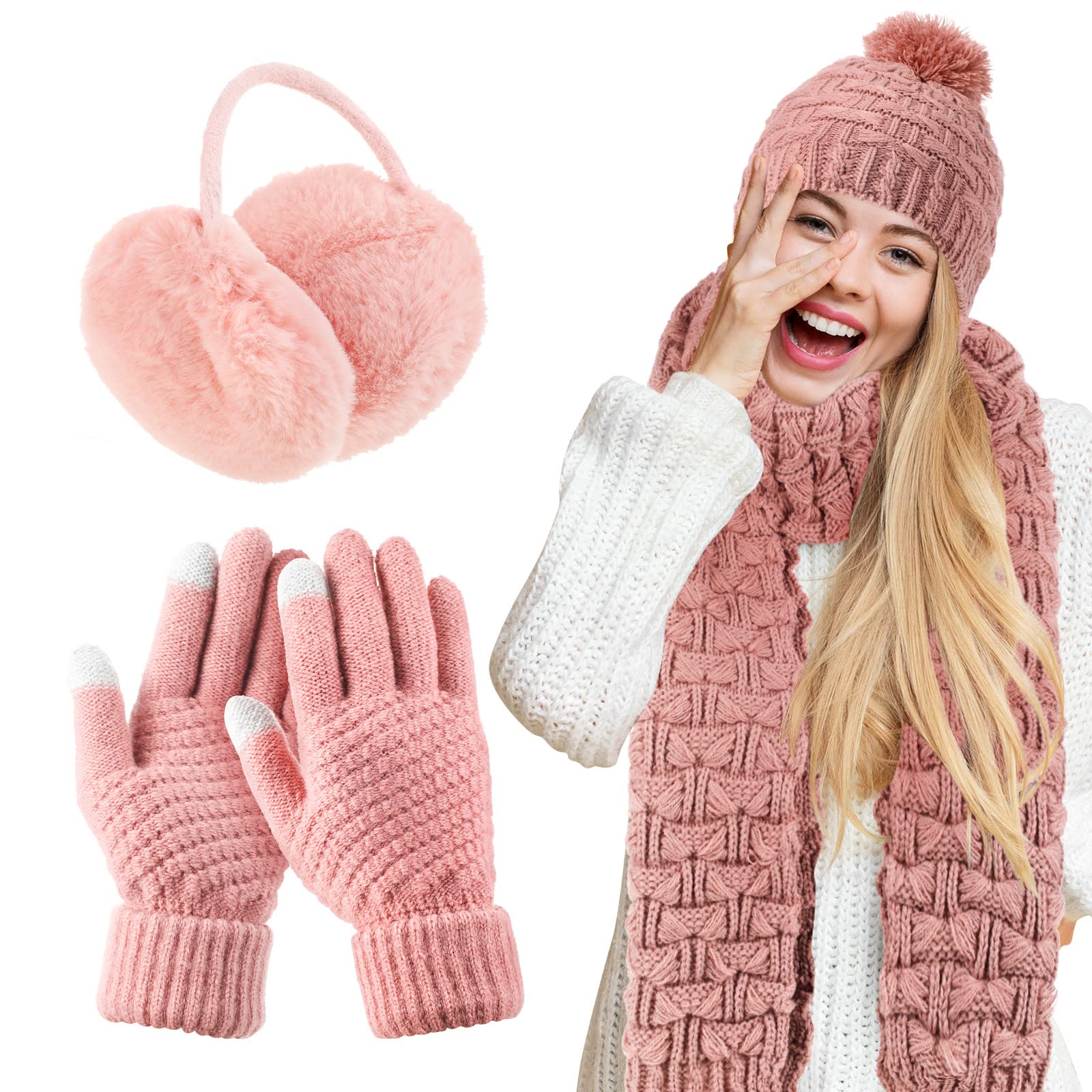 Women's winter hat, scarf and gloves set, including earmuffs, cold weather scarf, hat, knitted without brim, scarf and gloves