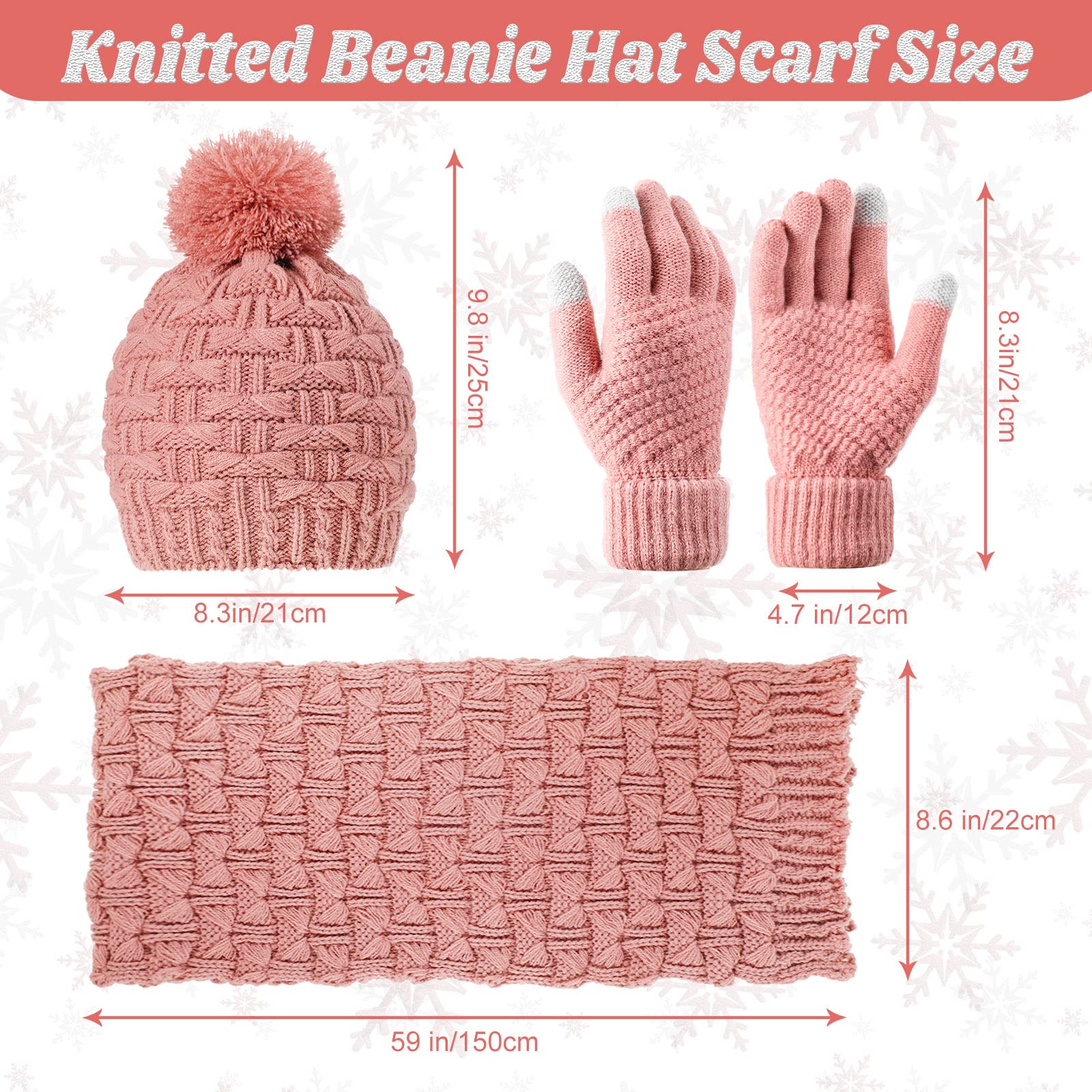 Women's winter hat, scarf and gloves set, including earmuffs, cold weather scarf, hat, knitted without brim, scarf and gloves