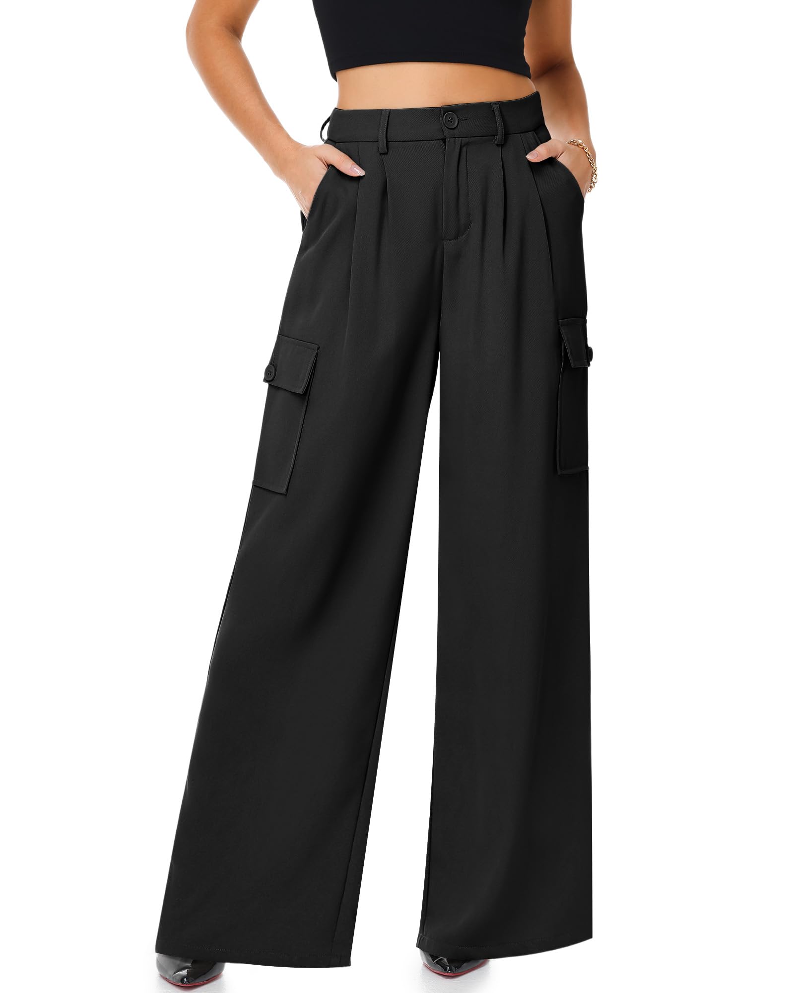 Womens High Waisted Wide Leg Cargo Pants Baggy Casual Pants Joggers with 4 Pockets Work Trousers Y2K