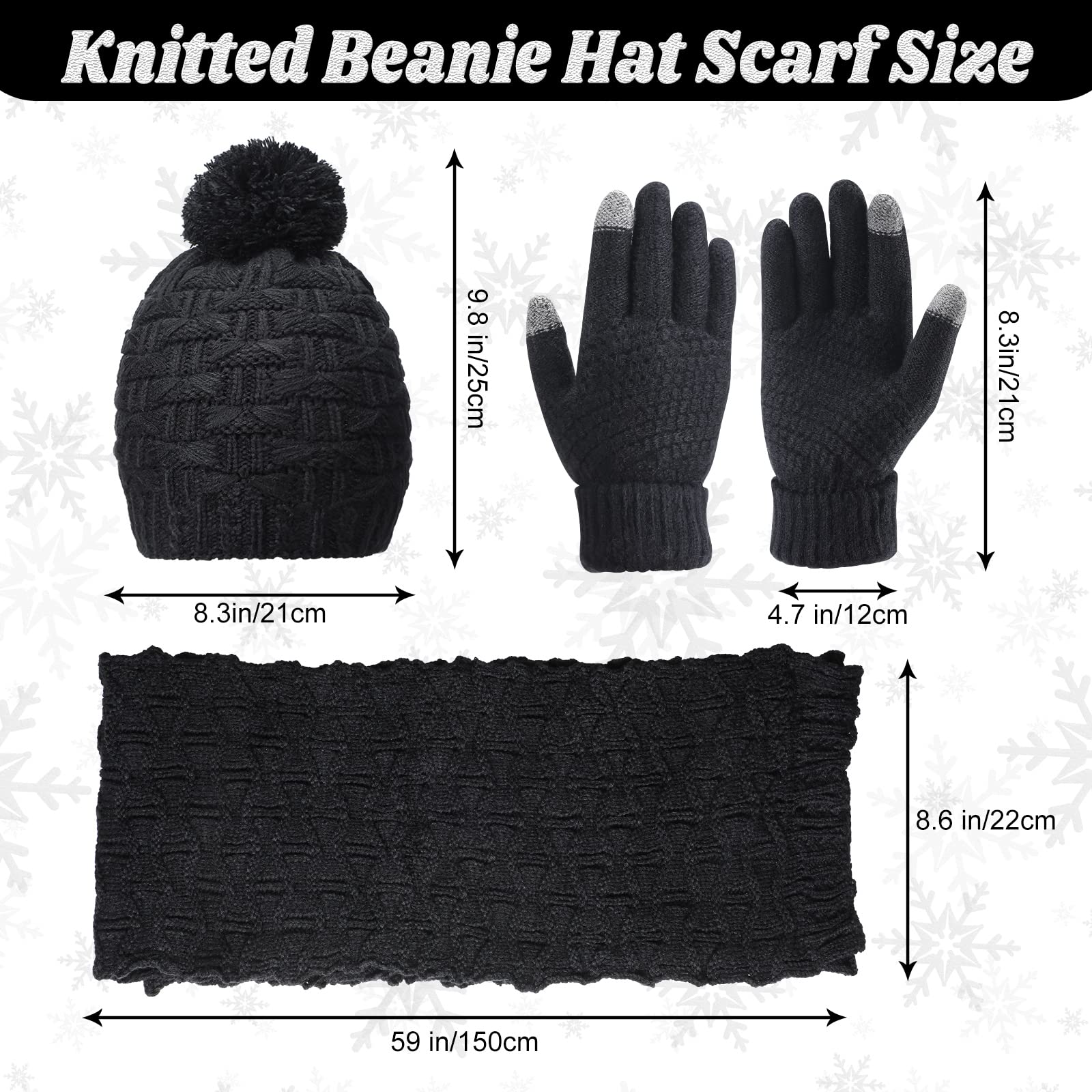 Women's winter hat, scarf and gloves set, including earmuffs, cold weather scarf, hat, knitted without brim, scarf and gloves