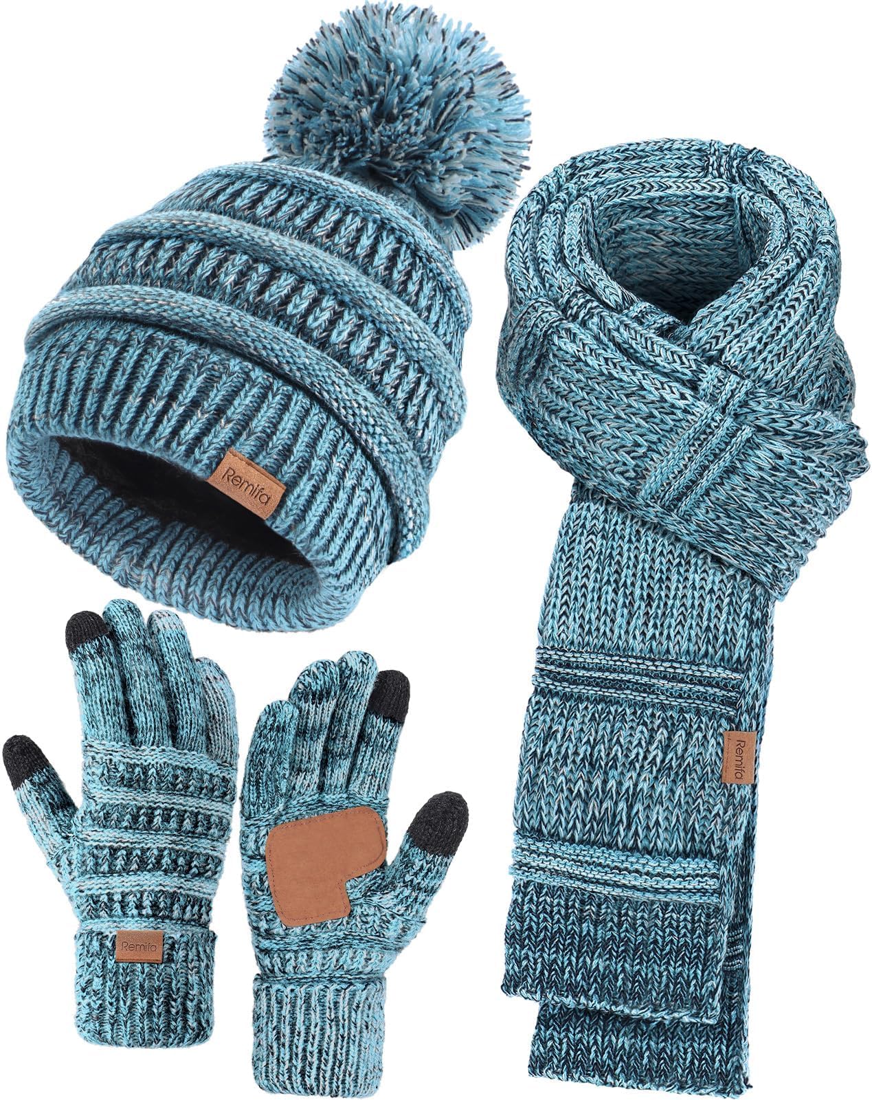 Winter beanie women's scarf gloves set, casual pompom hat long knitted scarf touchscreen gloves Christmas gift