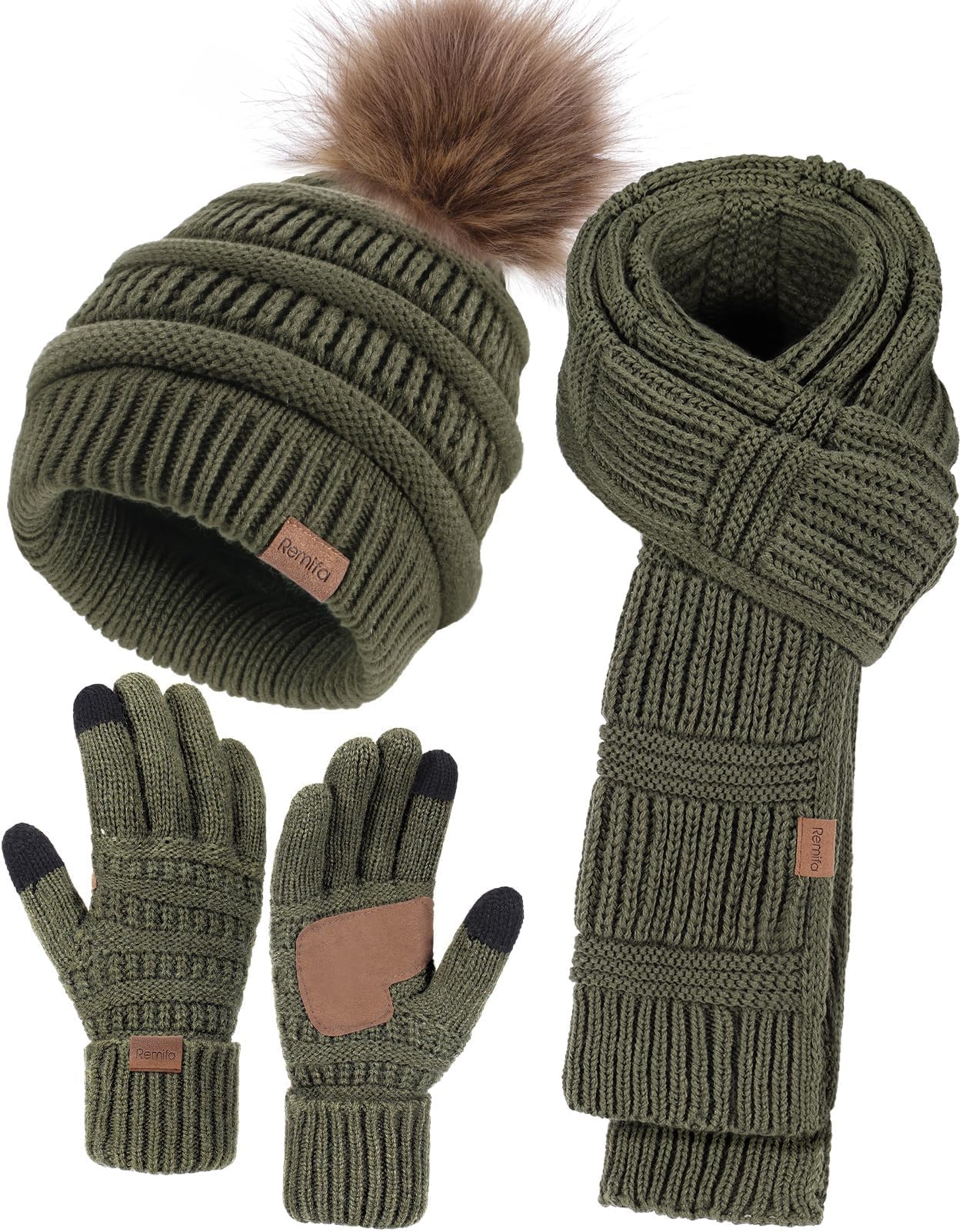 Winter beanie women's scarf gloves set, casual pompom hat long knitted scarf touchscreen gloves Christmas gift