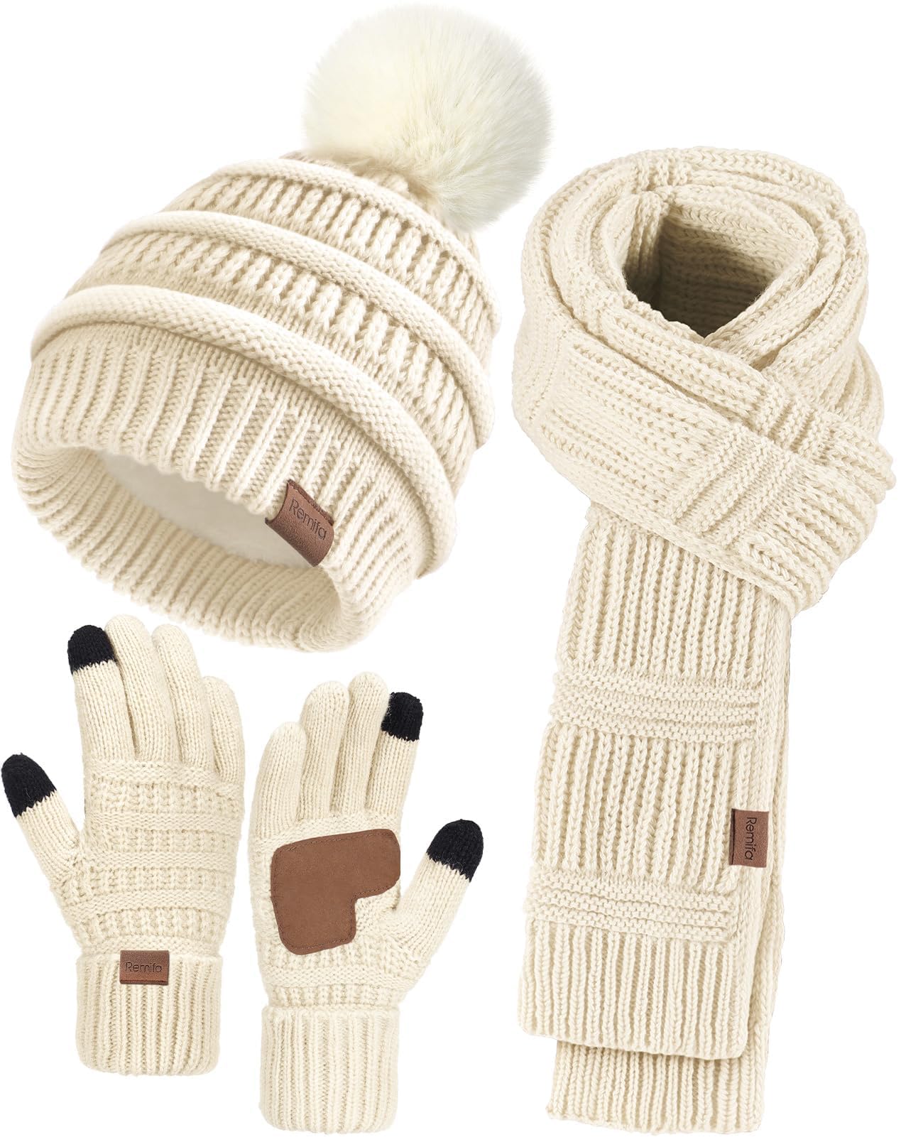 Winter beanie women's scarf gloves set, casual pompom hat long knitted scarf touchscreen gloves Christmas gift