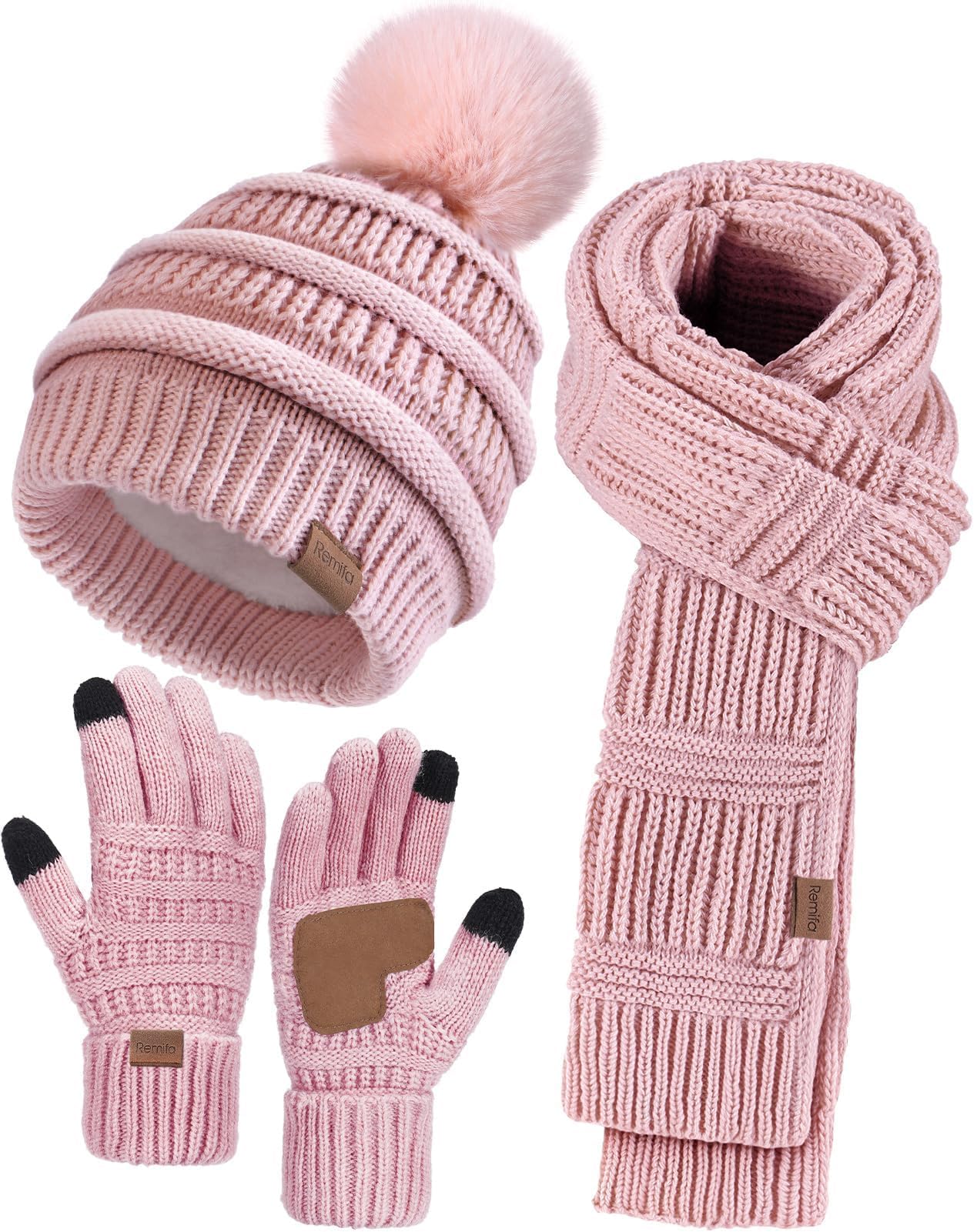 Winter beanie women's scarf gloves set, casual pompom hat long knitted scarf touchscreen gloves Christmas gift