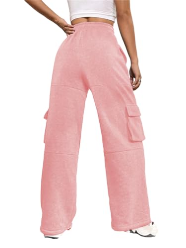 Lined Wide Leg Jogging Bottoms, Women's Thermal Elasticated Drawstring Cargo Pockets, Warm Fleece Jogger Trousers, Sweatpants, Women's Sports Trousers, Casual Sweatpants