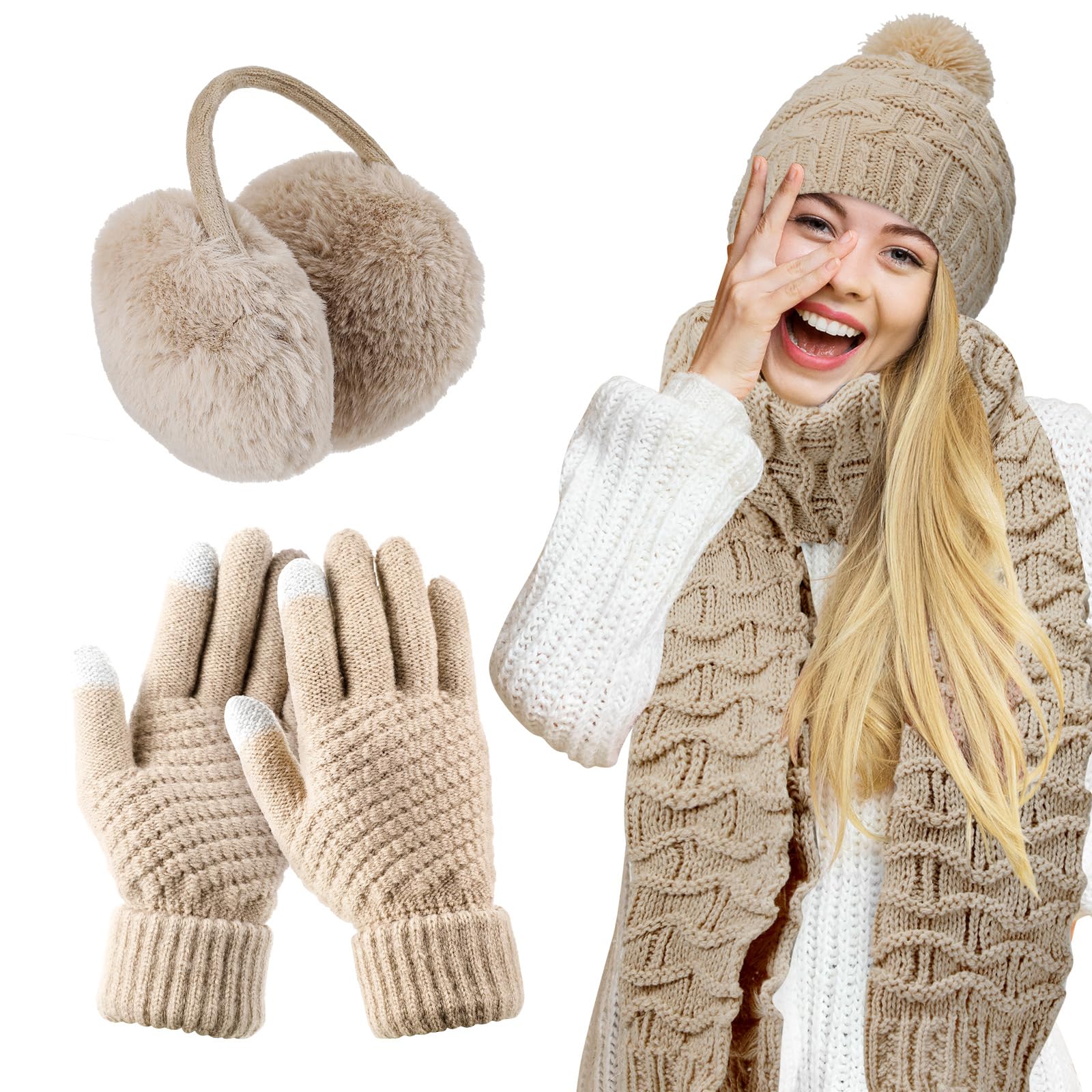 Women's winter hat, scarf and gloves set, including earmuffs, cold weather scarf, hat, knitted without brim, scarf and gloves