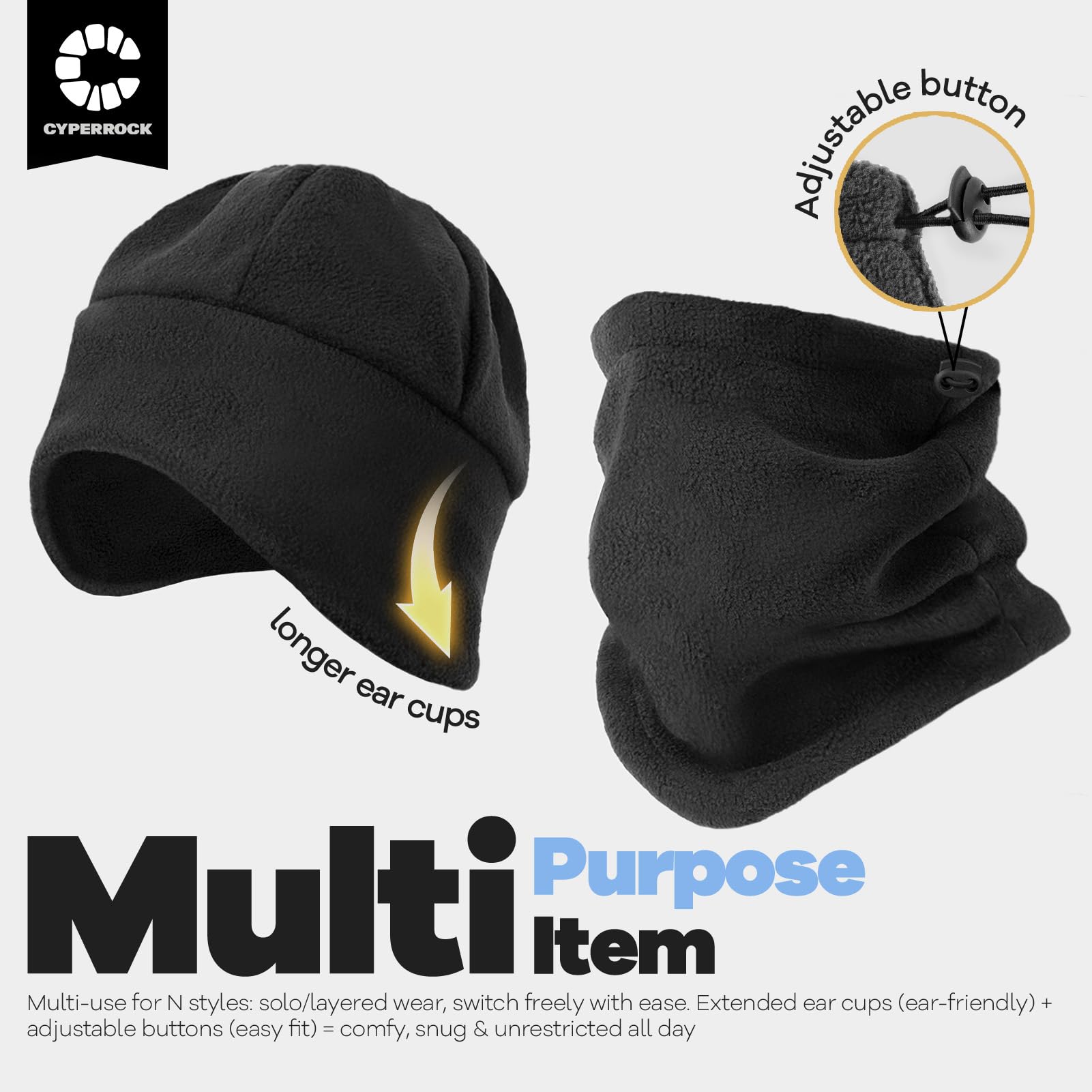 Winter beanie scarf set with ear covers. Men's and women's knitted wool lined skull cap for wind protection and neck warmth. Wraparound leg