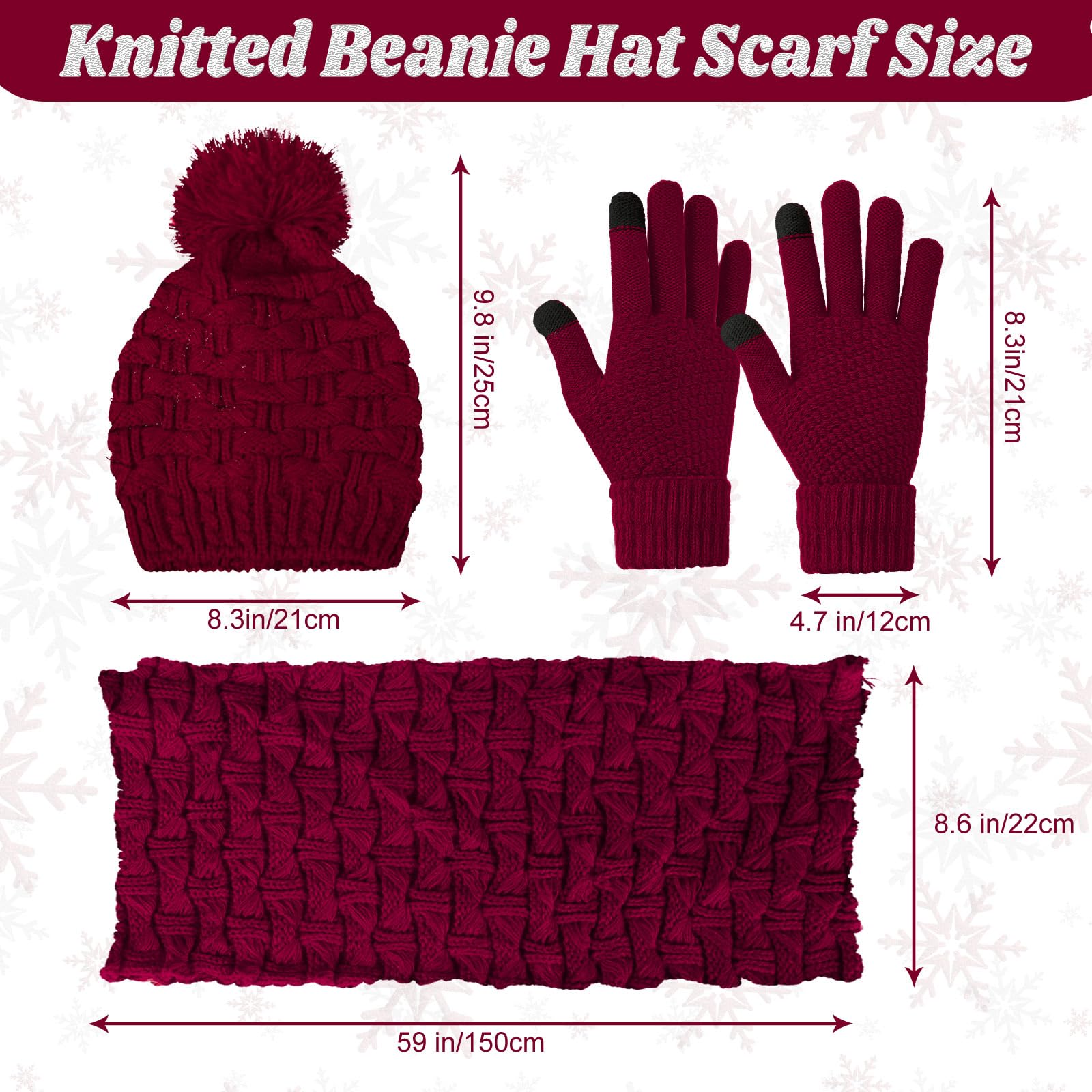 Women's winter hat, scarf and gloves set, including earmuffs, cold weather scarf, hat, knitted without brim, scarf and gloves
