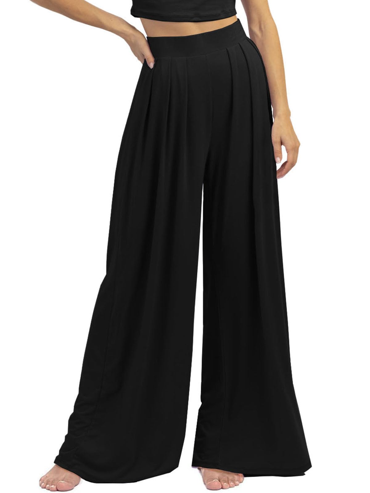Womens Wide Leg Pants Casual Palazzo Flowy Pleated Trouser Woman Elastic High Waisted Loose Fit Lounge Pant Comfy