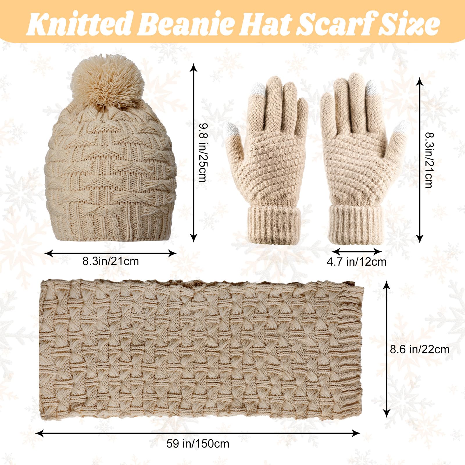 Women's winter hat, scarf and gloves set, including earmuffs, cold weather scarf, hat, knitted without brim, scarf and gloves