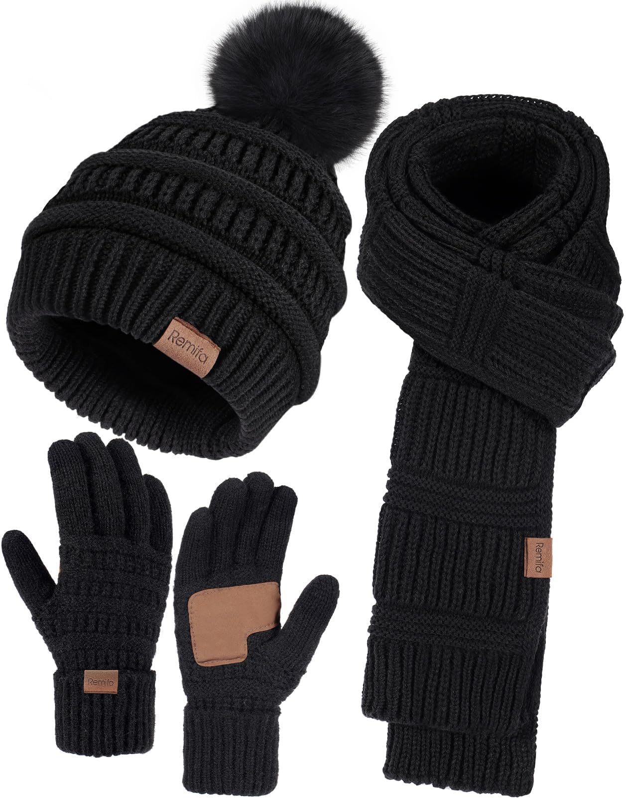 Winter beanie women's scarf gloves set, casual pompom hat long knitted scarf touchscreen gloves Christmas gift