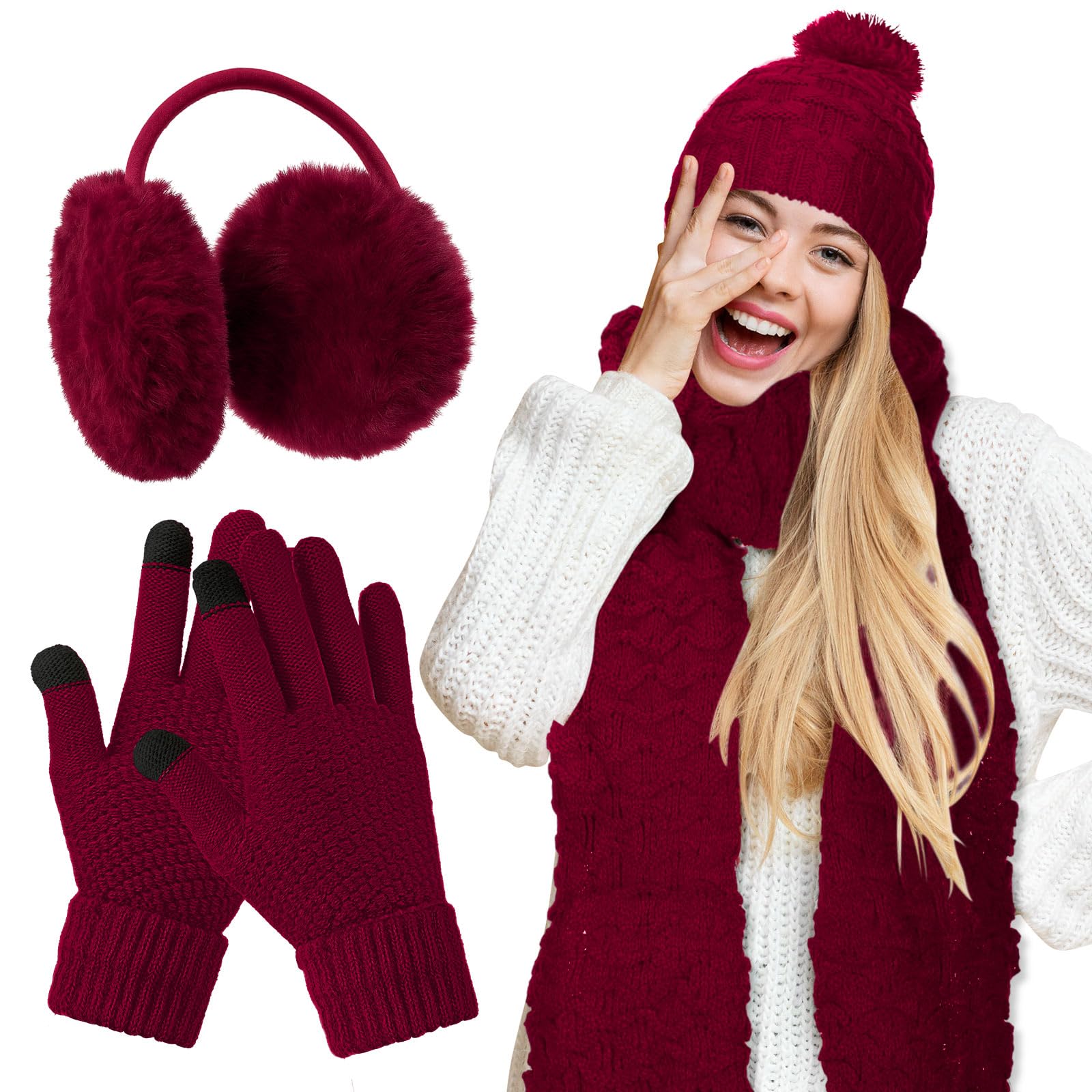 Women's winter hat, scarf and gloves set, including earmuffs, cold weather scarf, hat, knitted without brim, scarf and gloves