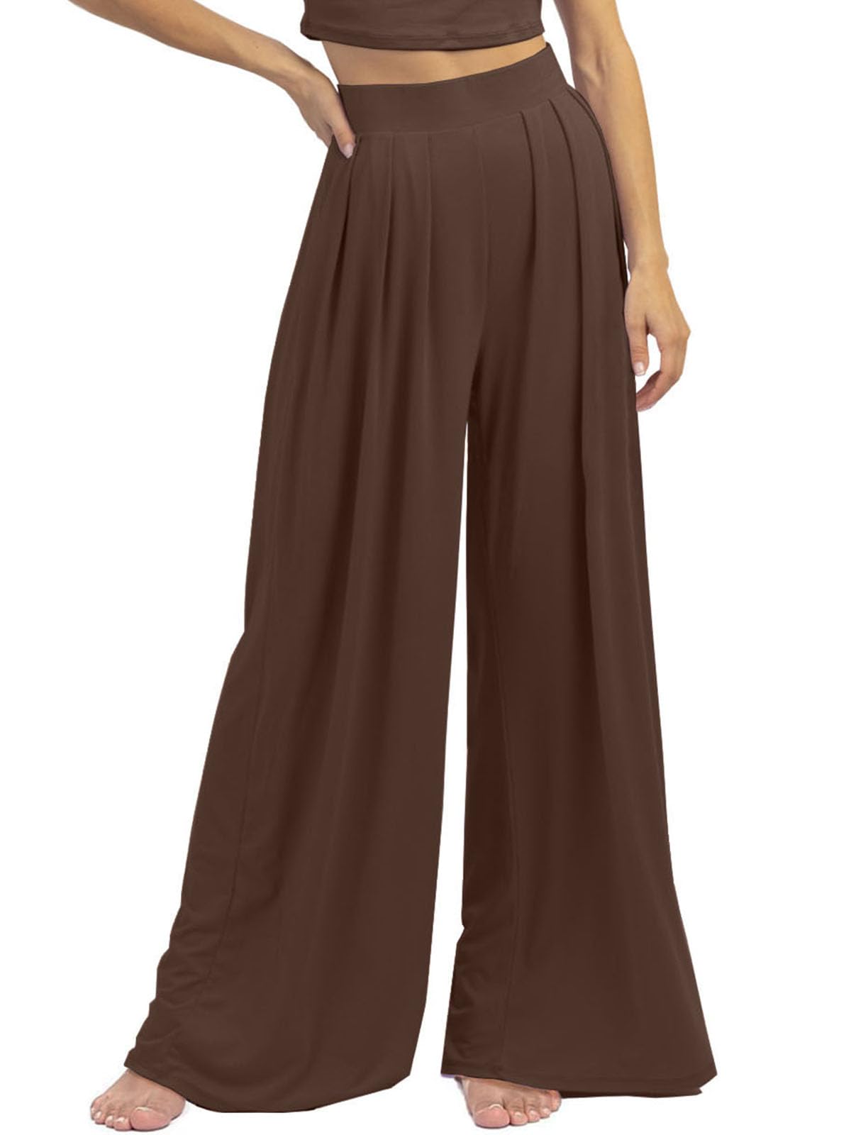 Womens Wide Leg Pants Casual Palazzo Flowy Pleated Trouser Woman Elastic High Waisted Loose Fit Lounge Pant Comfy
