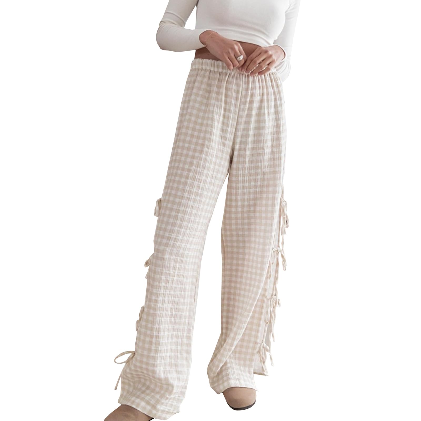 Y2K Gingham Pants for Women Bow Tie Side Slit Wide Leg Lounge Bottom Plaid Checkered Loose Fit Going Out Pants
