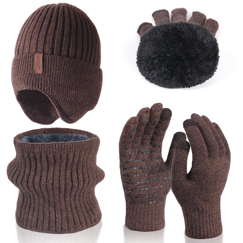 Men's winter beanie touchscreen gloves with neck warming cover 3-in-1 set, with wool lining