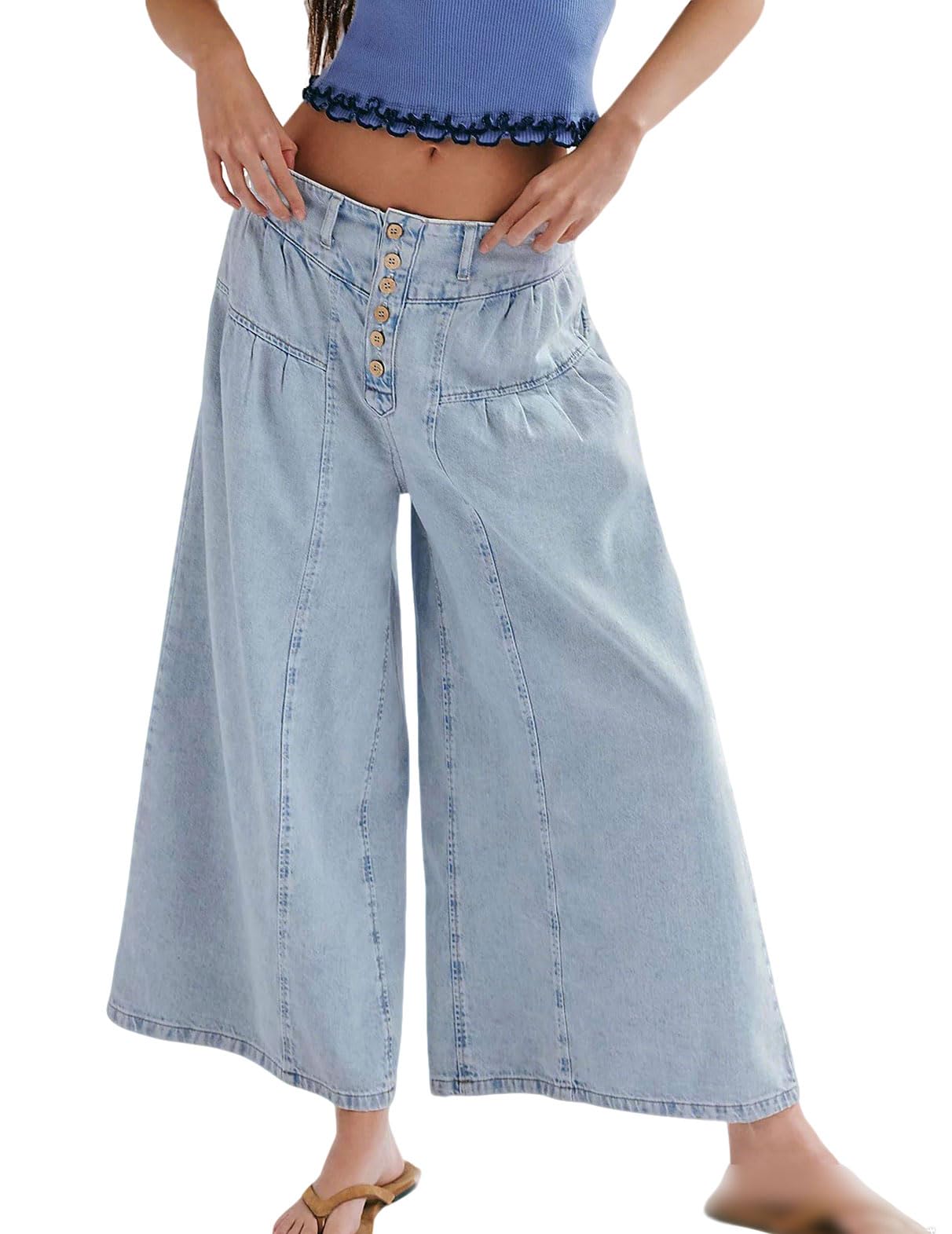 Women Mid Rise Pleated Denim Palazzo Pants Cargo Wide Leg Baggy Jeans Ruffle Flare Harem Pants Y2k Elastic Waist