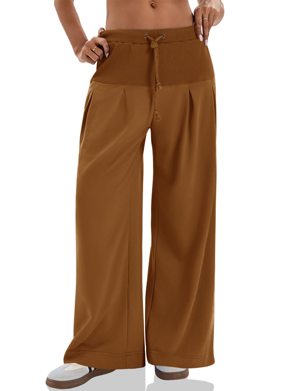 Womens Pleated Wide Leg Sweatpants Baggy Drawstring High Waisted Pants Casual Comfy Palazzo Lounge Pants