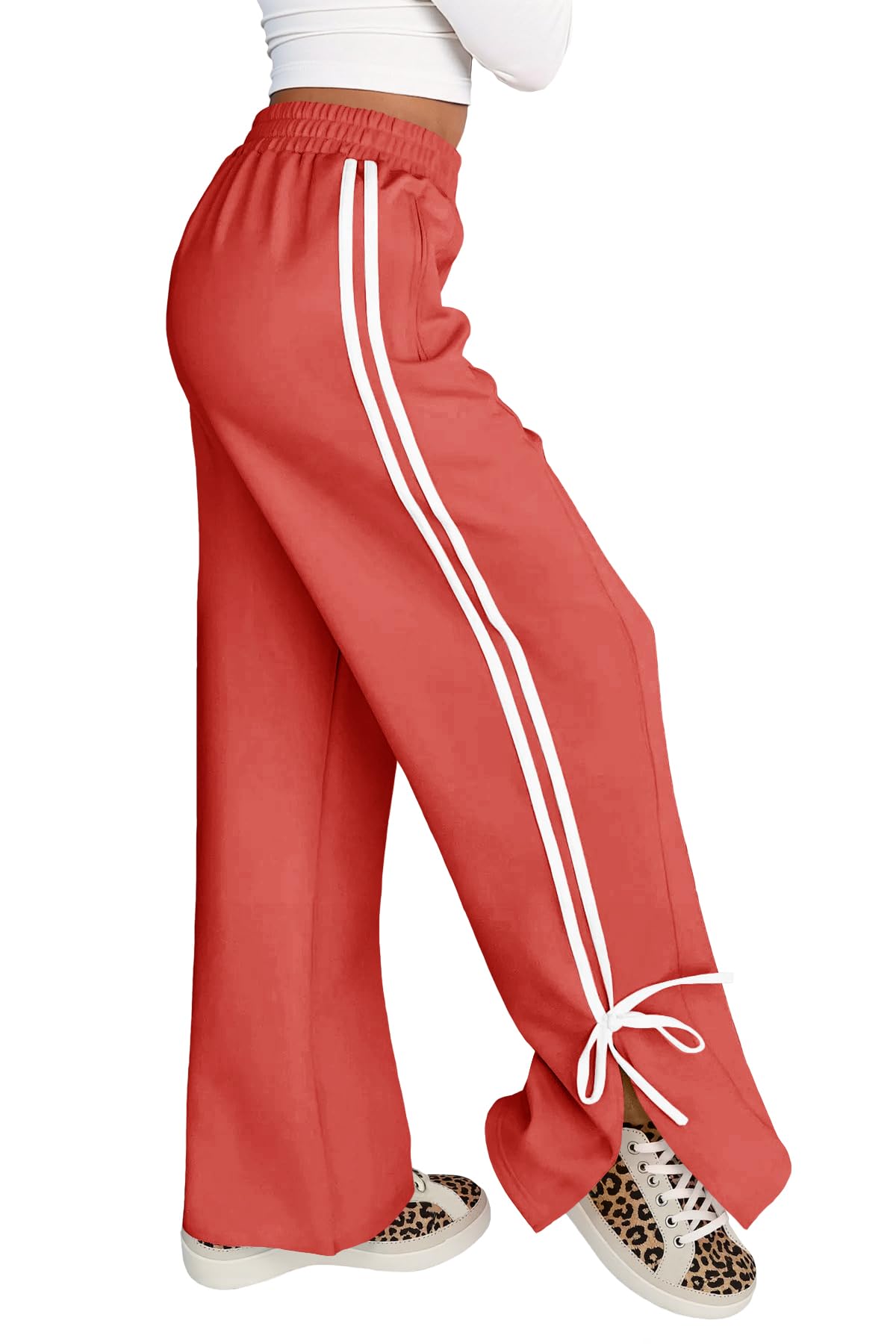 Womens Wide Leg Sweatpants Casual High Waisted Color Block Side Slit Baggy Pants with Pockets