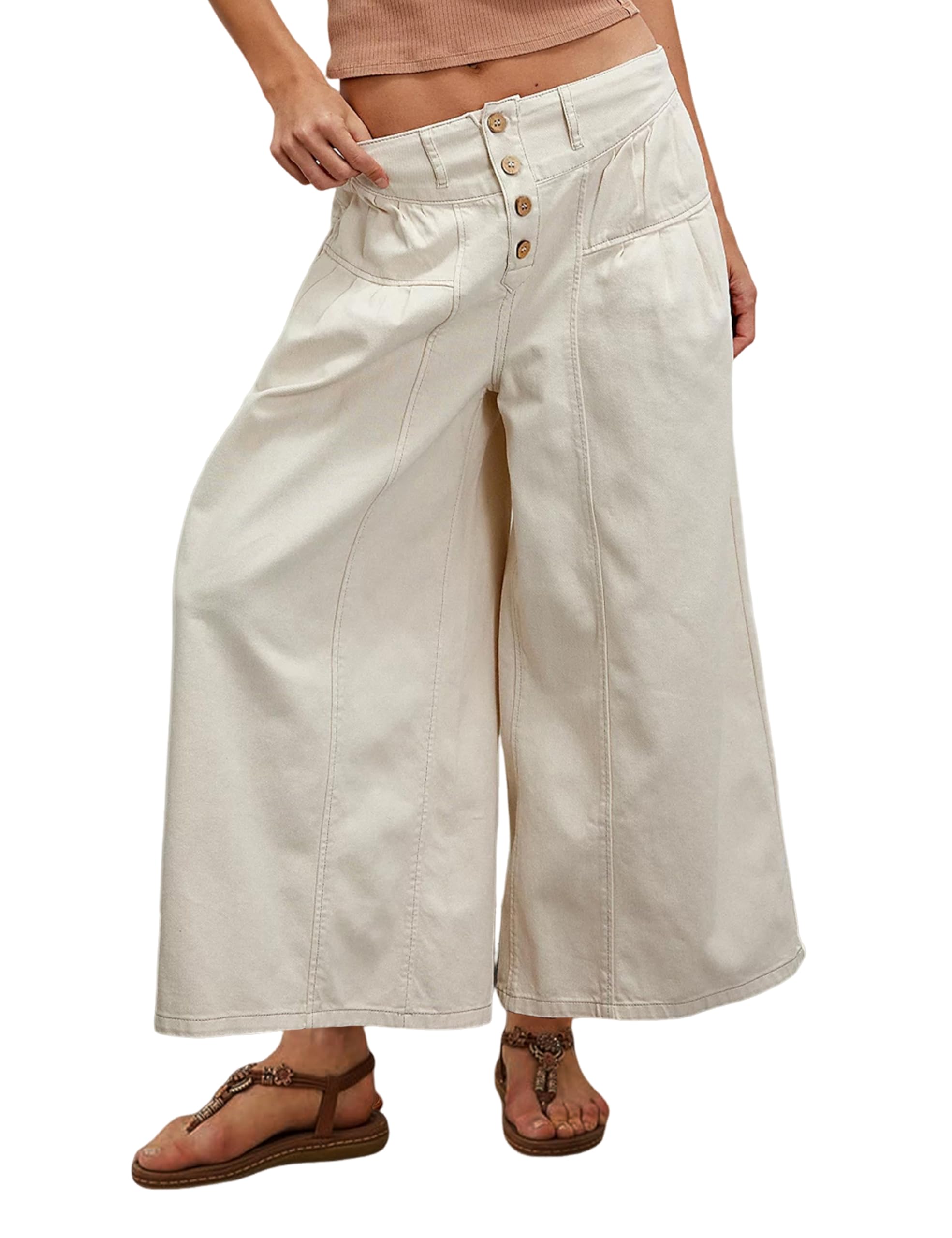 Women's Wide Leg Jeans Mid Rise Trousers Elastic Waist Button Pleated Demin Pants with Pockets