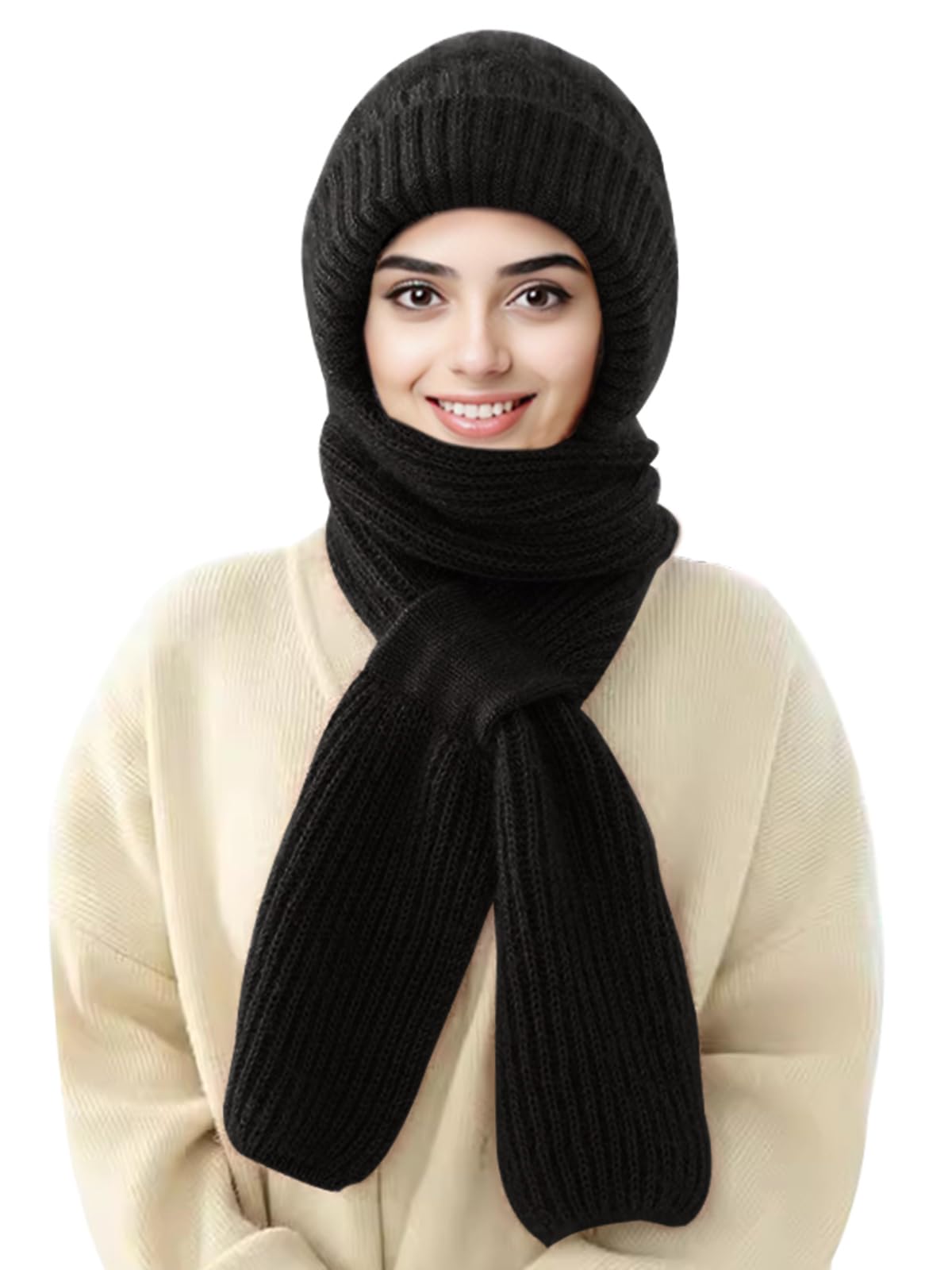 Integrated ear protection and windproof hood scarf with elastic knitted fabric and thick texture