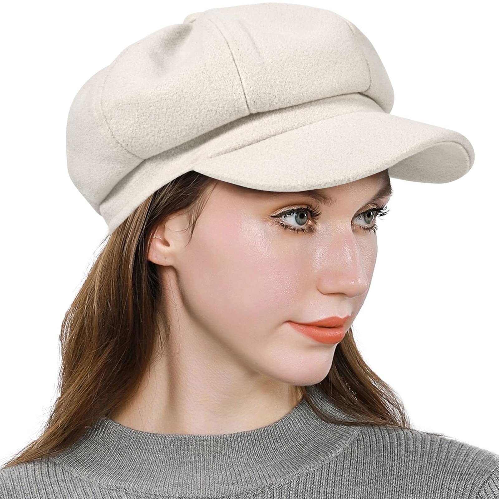 Women's newsboy hat made of wool and cotton, featuring a retro plain color design, suitable for girls as a fashionable sun-protective beret