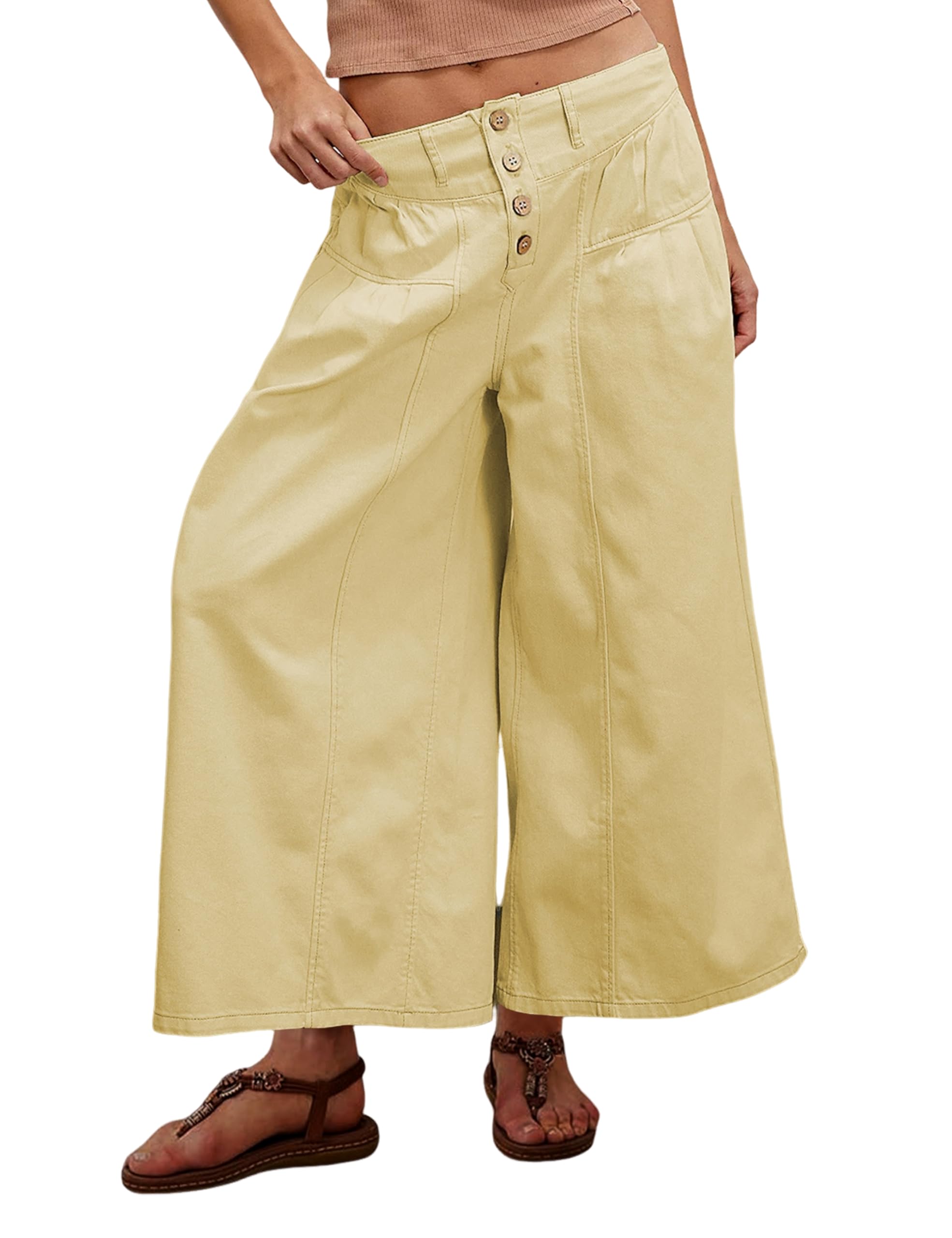 Women's Wide Leg Jeans Mid Rise Trousers Elastic Waist Button Pleated Demin Pants with Pockets