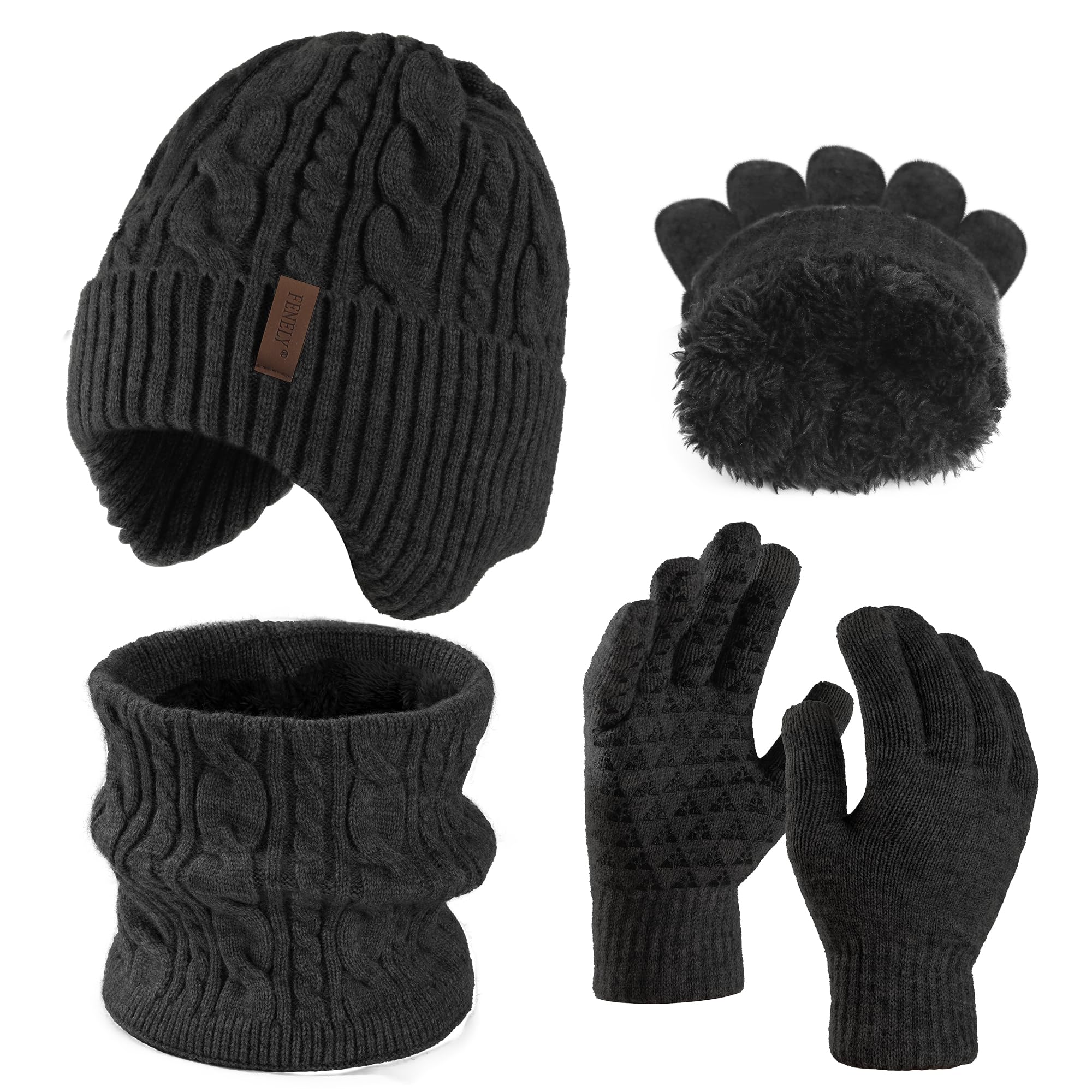 Men's winter beanie touchscreen gloves with neck warming cover 3-in-1 set, with wool lining
