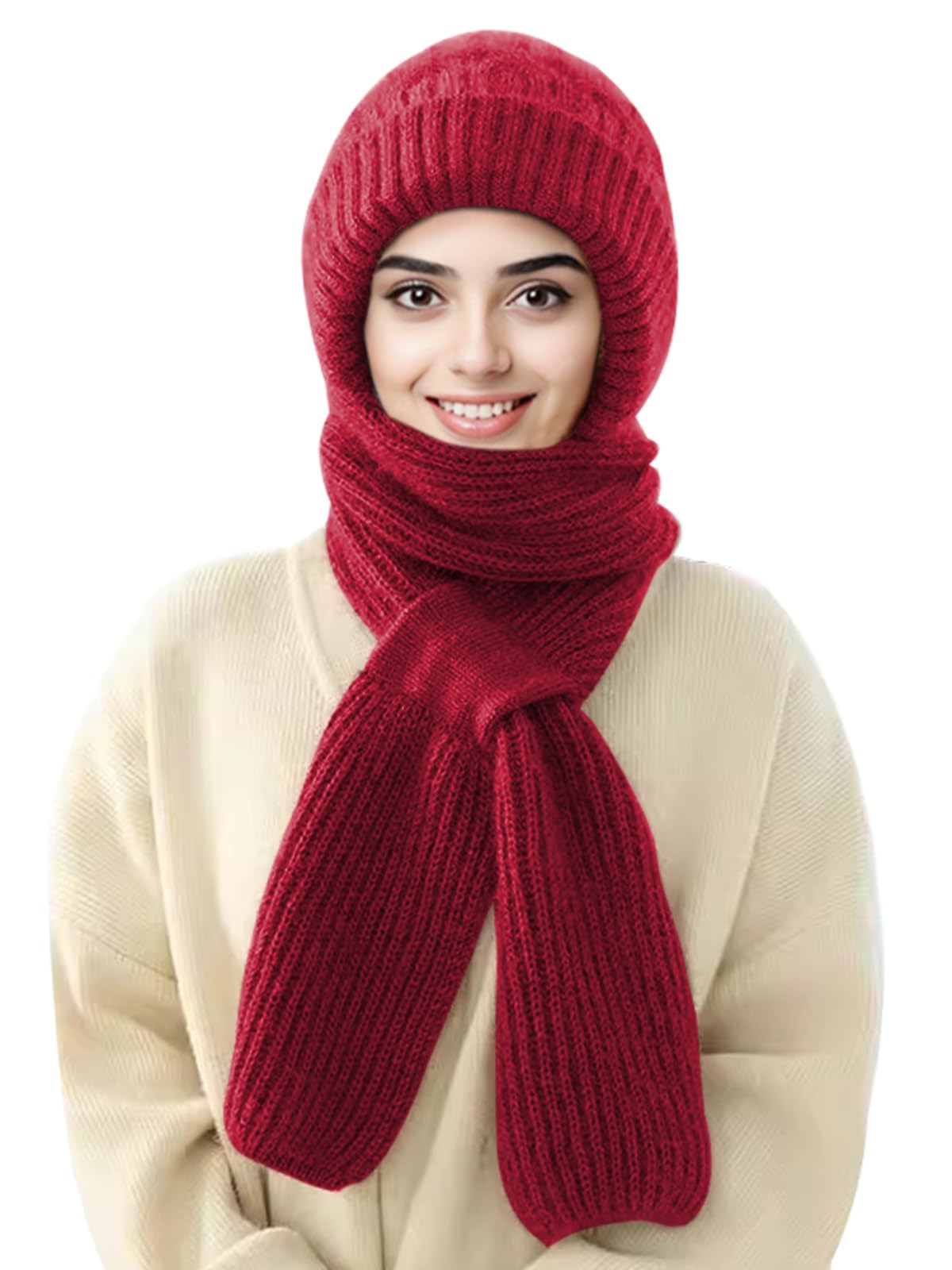 Integrated ear protection and windproof hood scarf with elastic knitted fabric and thick texture