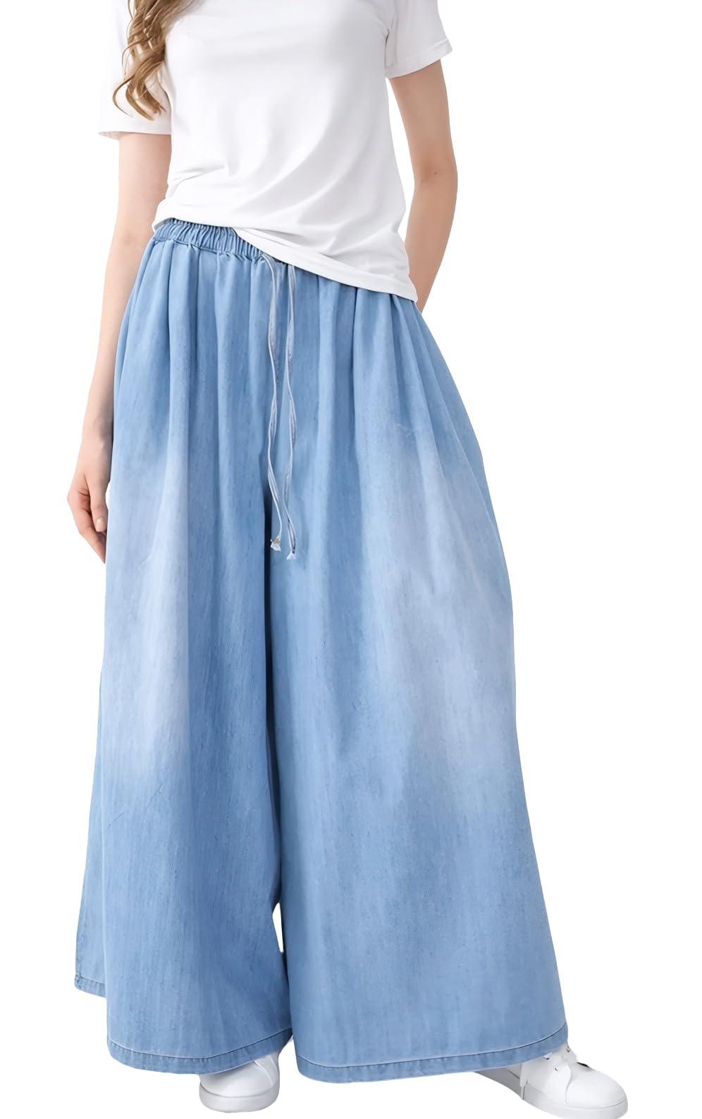 Wide Leg Denim Pants for Women Long Jeans Elastic Waist with Pockets Plus Size Loose Casual
