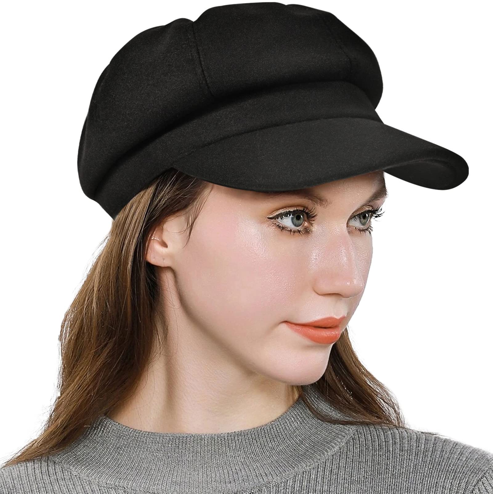Women's newsboy hat made of wool and cotton, featuring a retro plain color design, suitable for girls as a fashionable sun-protective beret