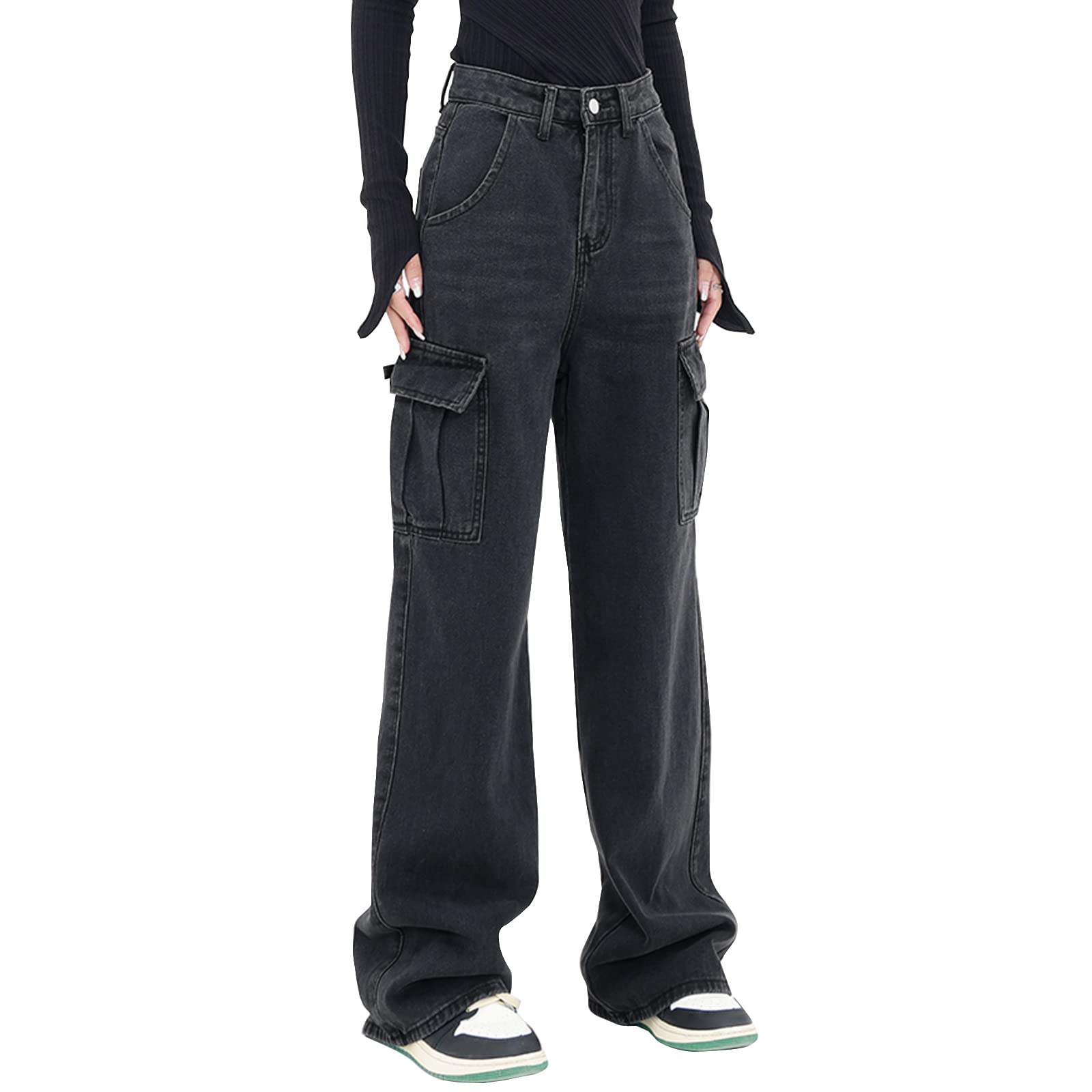 Women's High Waisted Cargo Jeans Straight Wide Leg Stretch Baggy Jeans Y2K Casual Loose Denim Cargo Pants Trousers ﻿