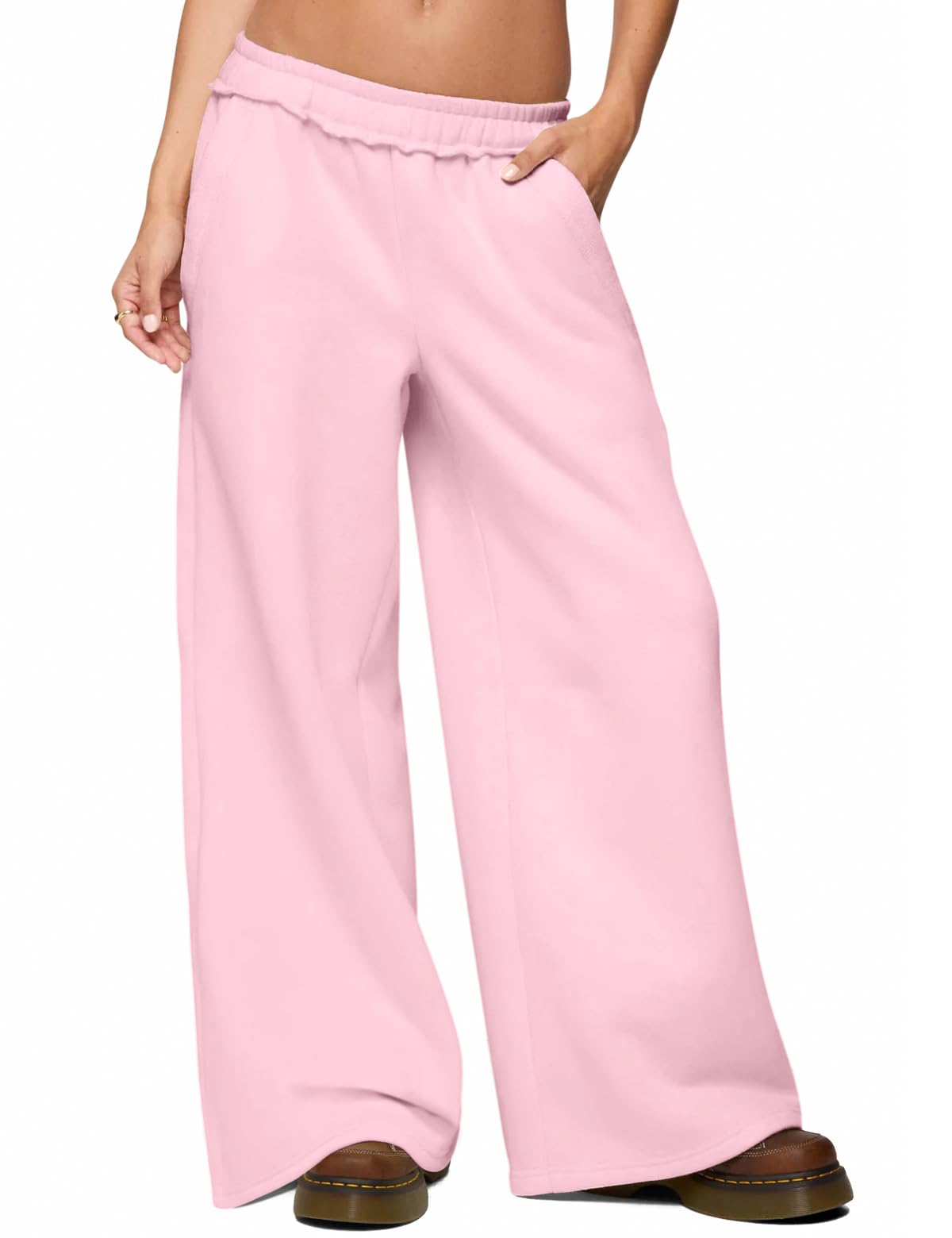 Womens Fleece Lined Sweatpants Wide Leg Baggy Thermal Lounge Pants Raw Hem Elastic Waist Oversized Sweat Pants