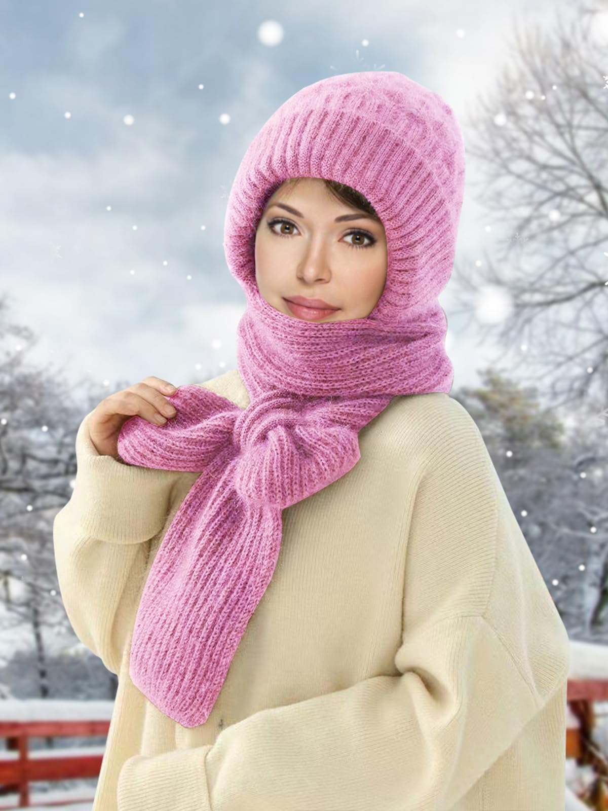 Integrated ear protection and windproof hood scarf with elastic knitted fabric and thick texture