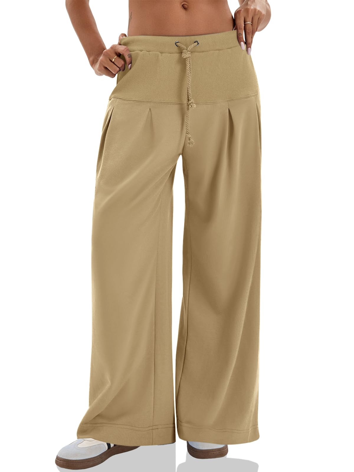 Womens Pleated Wide Leg Sweatpants Baggy Drawstring High Waisted Pants Casual Comfy Palazzo Lounge Pants