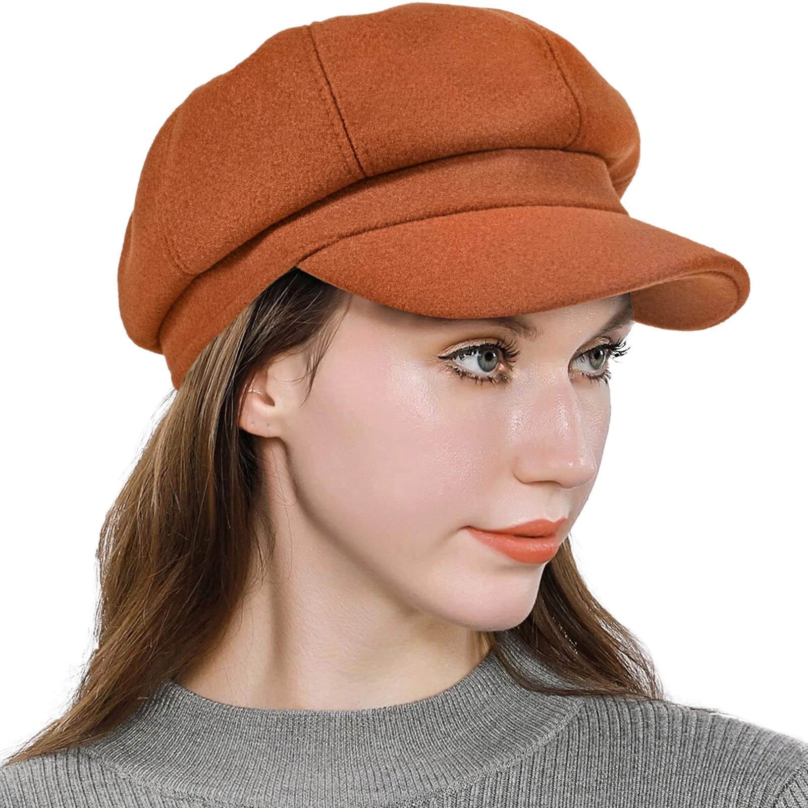 Women's newsboy hat made of wool and cotton, featuring a retro plain color design, suitable for girls as a fashionable sun-protective beret