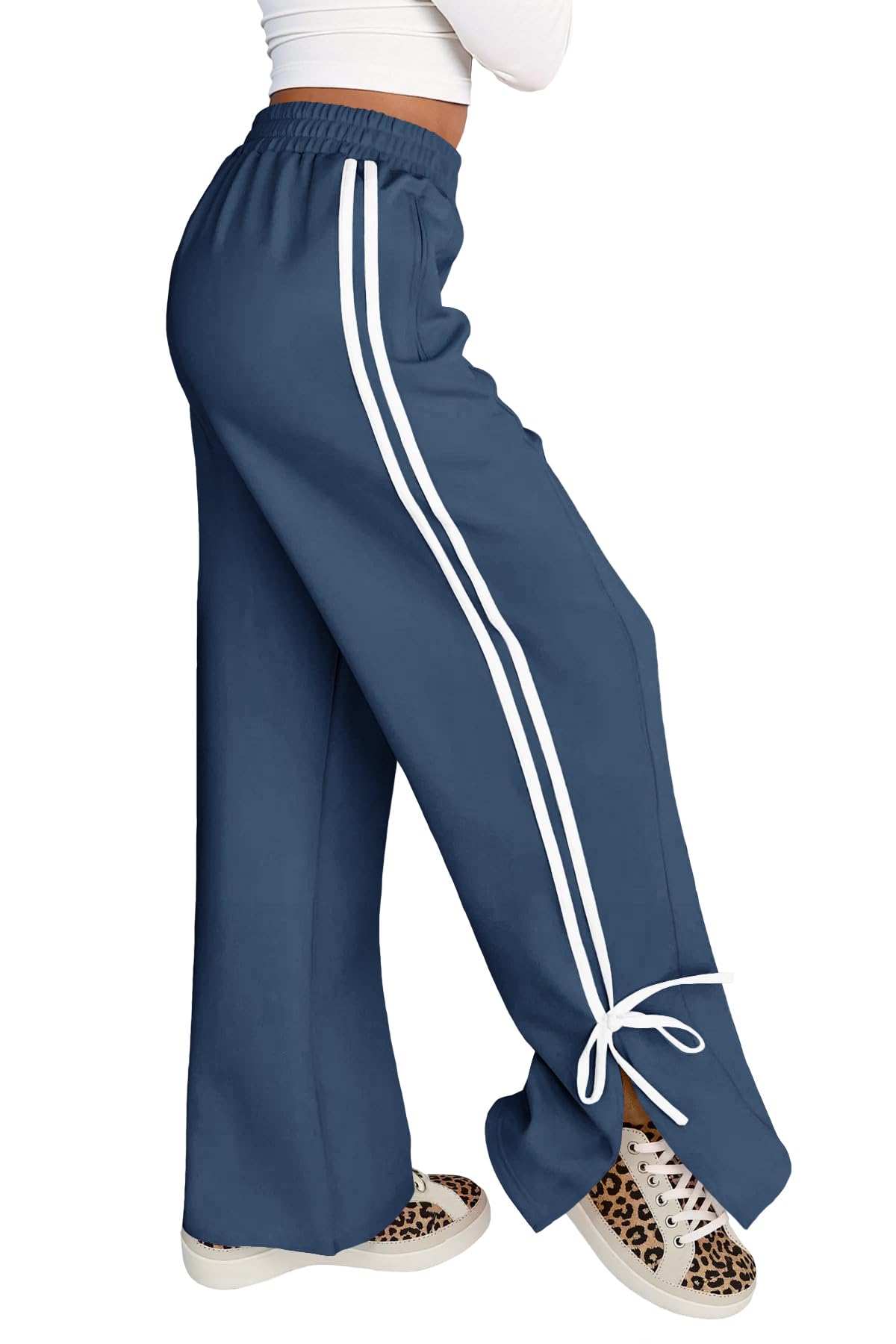 Womens Wide Leg Sweatpants Casual High Waisted Color Block Side Slit Baggy Pants with Pockets