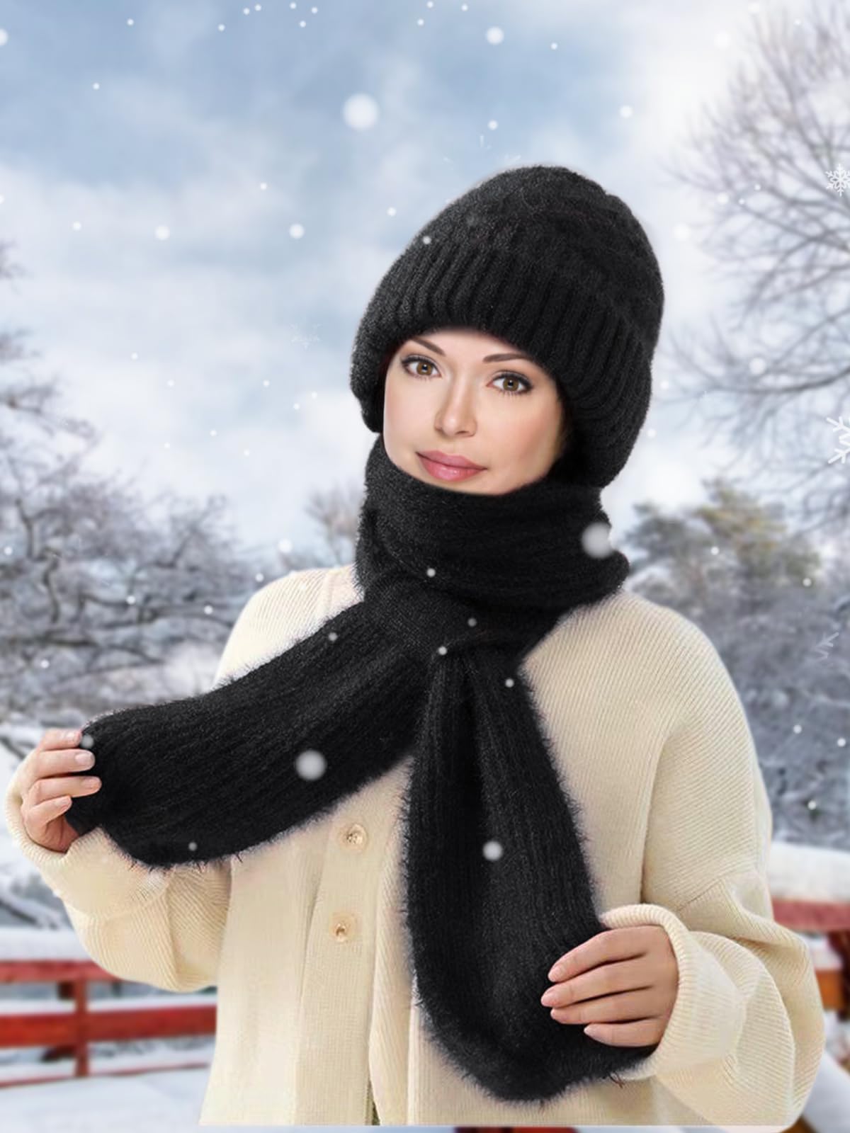 Integrated ear protection and windproof hood scarf with elastic knitted fabric and thick texture