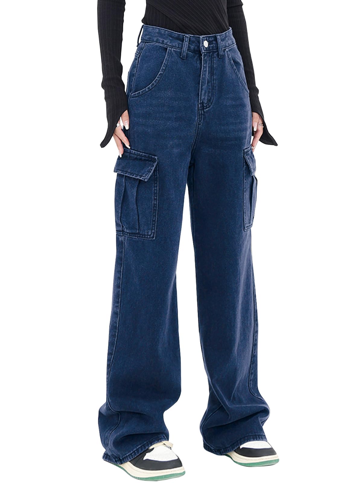 Women's High Waisted Cargo Jeans Straight Wide Leg Stretch Baggy Jeans Y2K Casual Loose Denim Cargo Pants Trousers ﻿