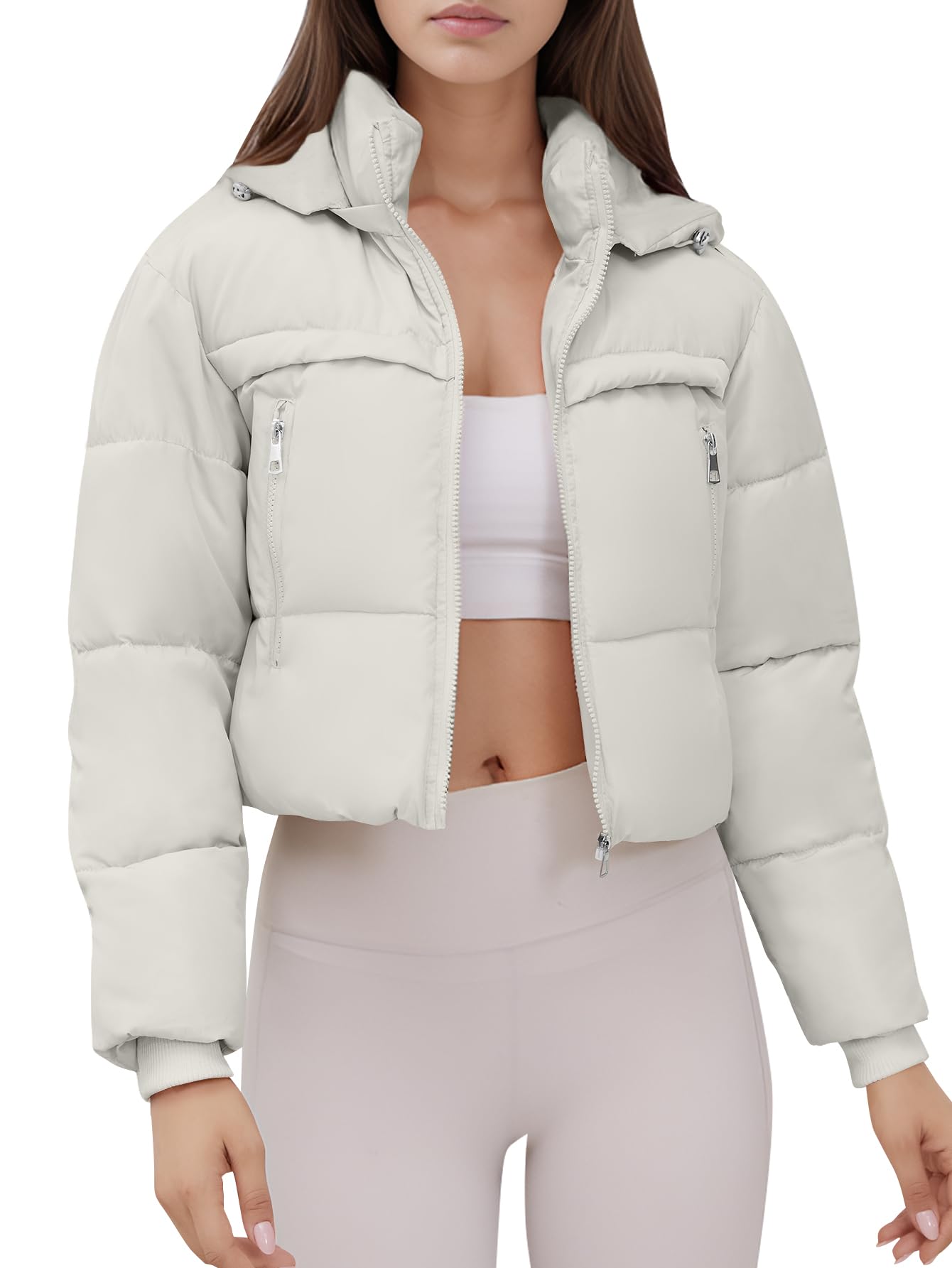Women's Cropped down coat Puffer Jacket Hooded Warm Padded Winter Outerwear Coat with Pockets