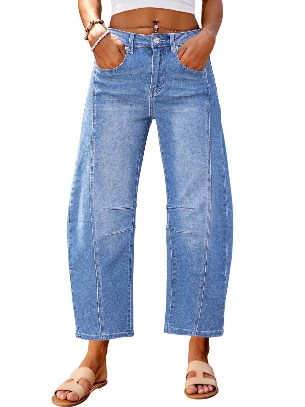 Barrel Jeans Women Wide Leg Cropped Jeans High Waisted Baggy Boyfriend Mom Denim Ankle Pants with Pockets