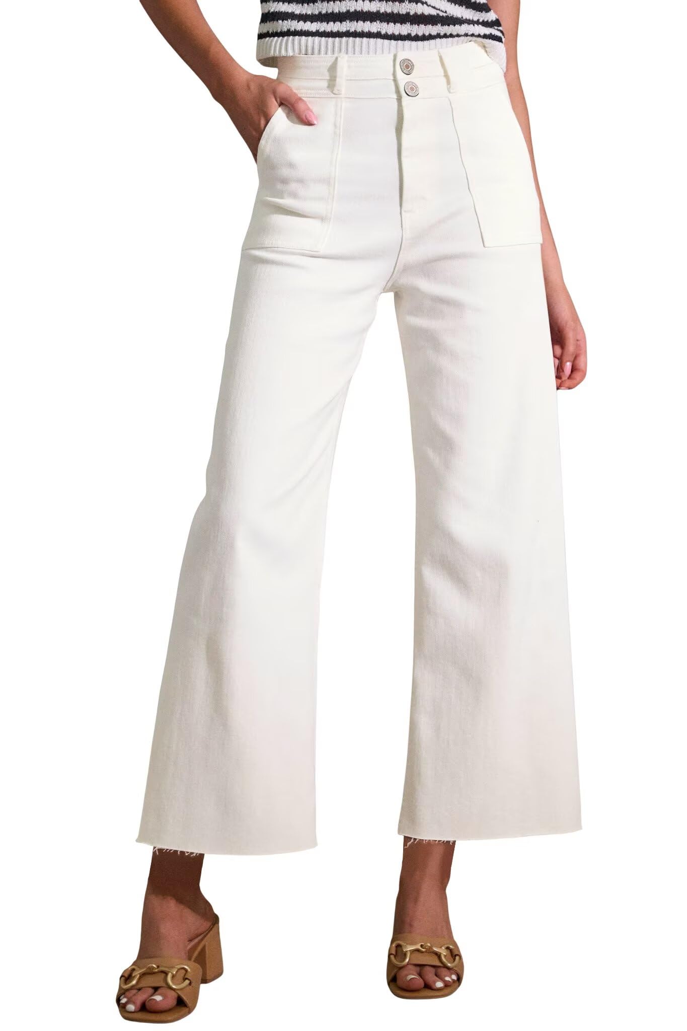 Womens High Rise Two Button Closure Cropped Jeans Wide Leg Front Slip Pockets Frayed Hem Denim Pant
