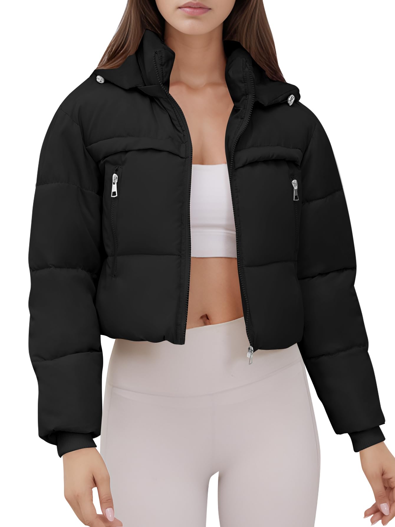 Women's Cropped down coat Puffer Jacket Hooded Warm Padded Winter Outerwear Coat with Pockets