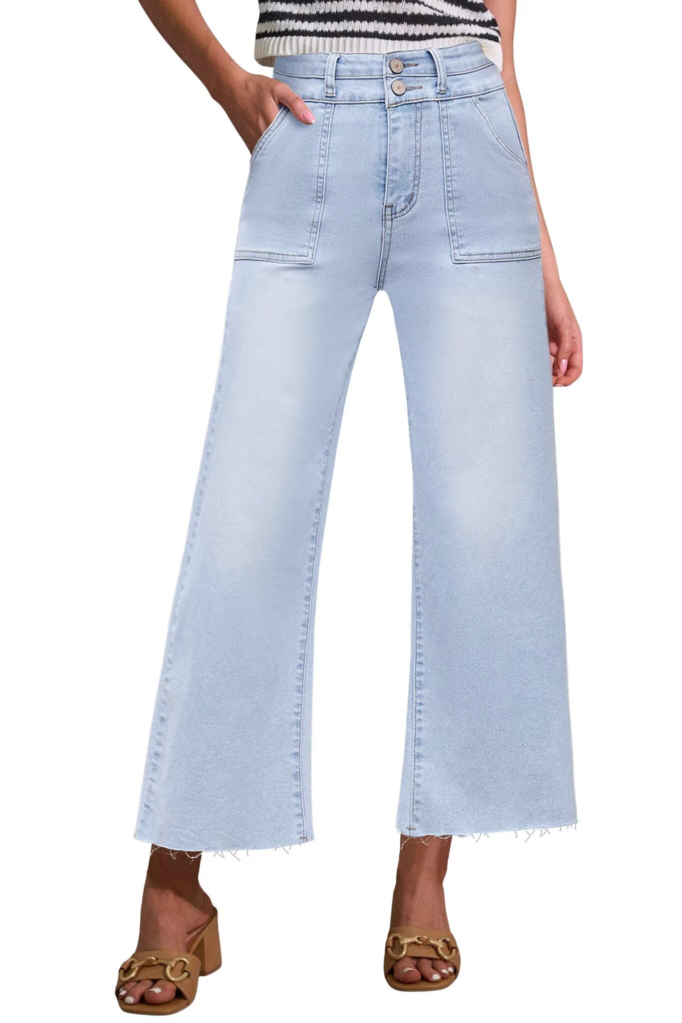 Womens High Rise Two Button Closure Cropped Jeans Wide Leg Front Slip Pockets Frayed Hem Denim Pant