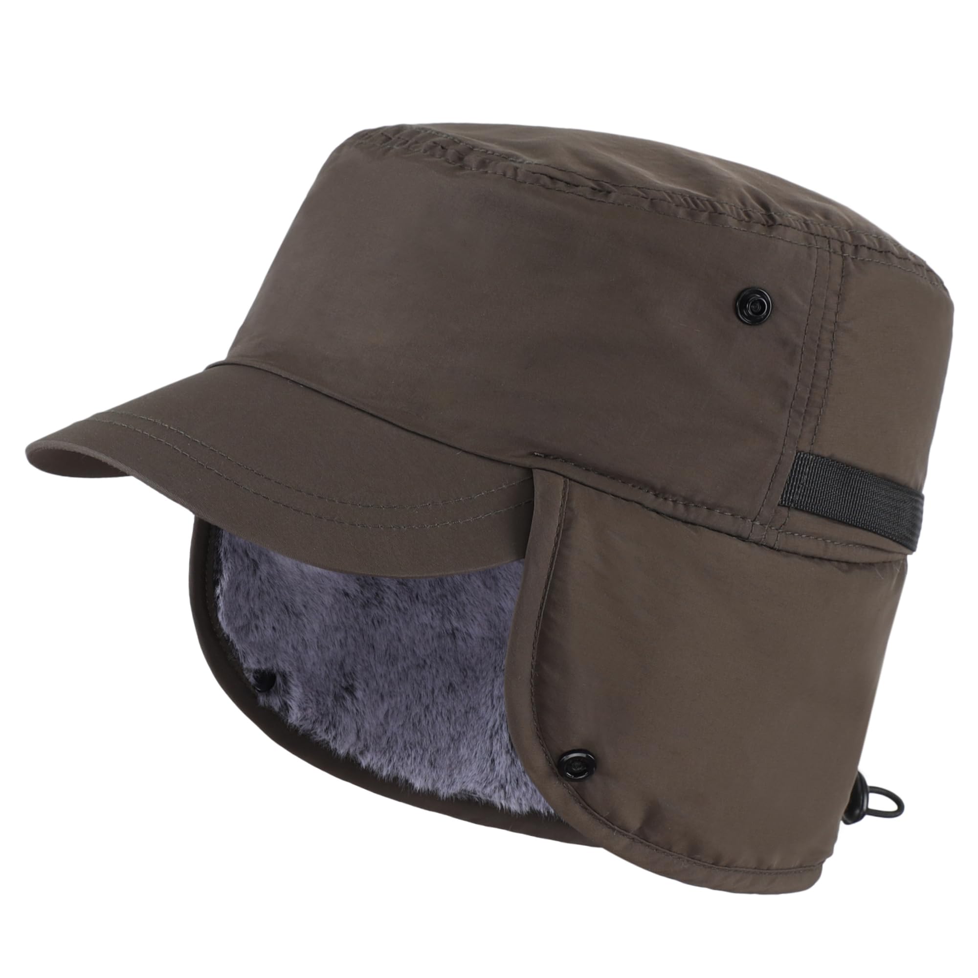 Men's winter cap with visor, warm earmuffs hat, fully lined faux fur baseball cap, catcher hunting cap