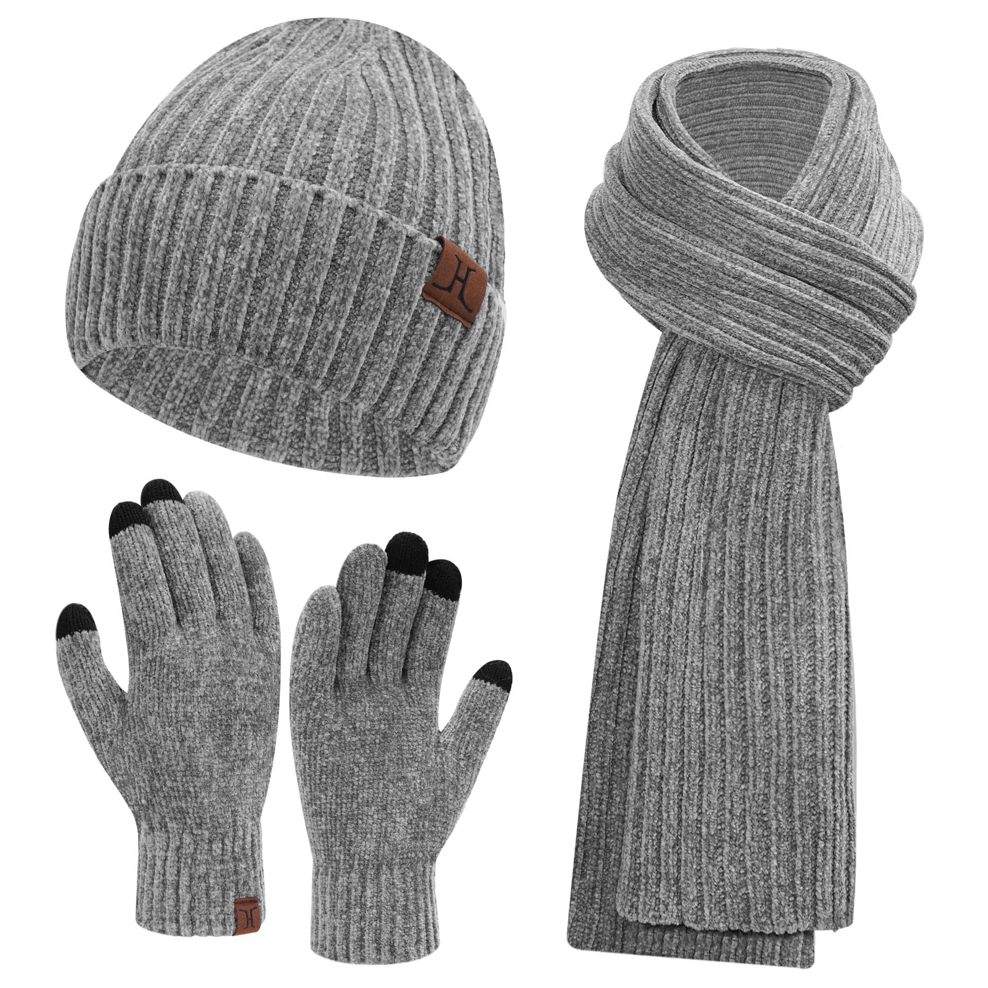 Womens Winter Knit Warm Hat Beanie Long Scarf Touch Screen Gloves Set Skull Caps Neck Scarves for Wo